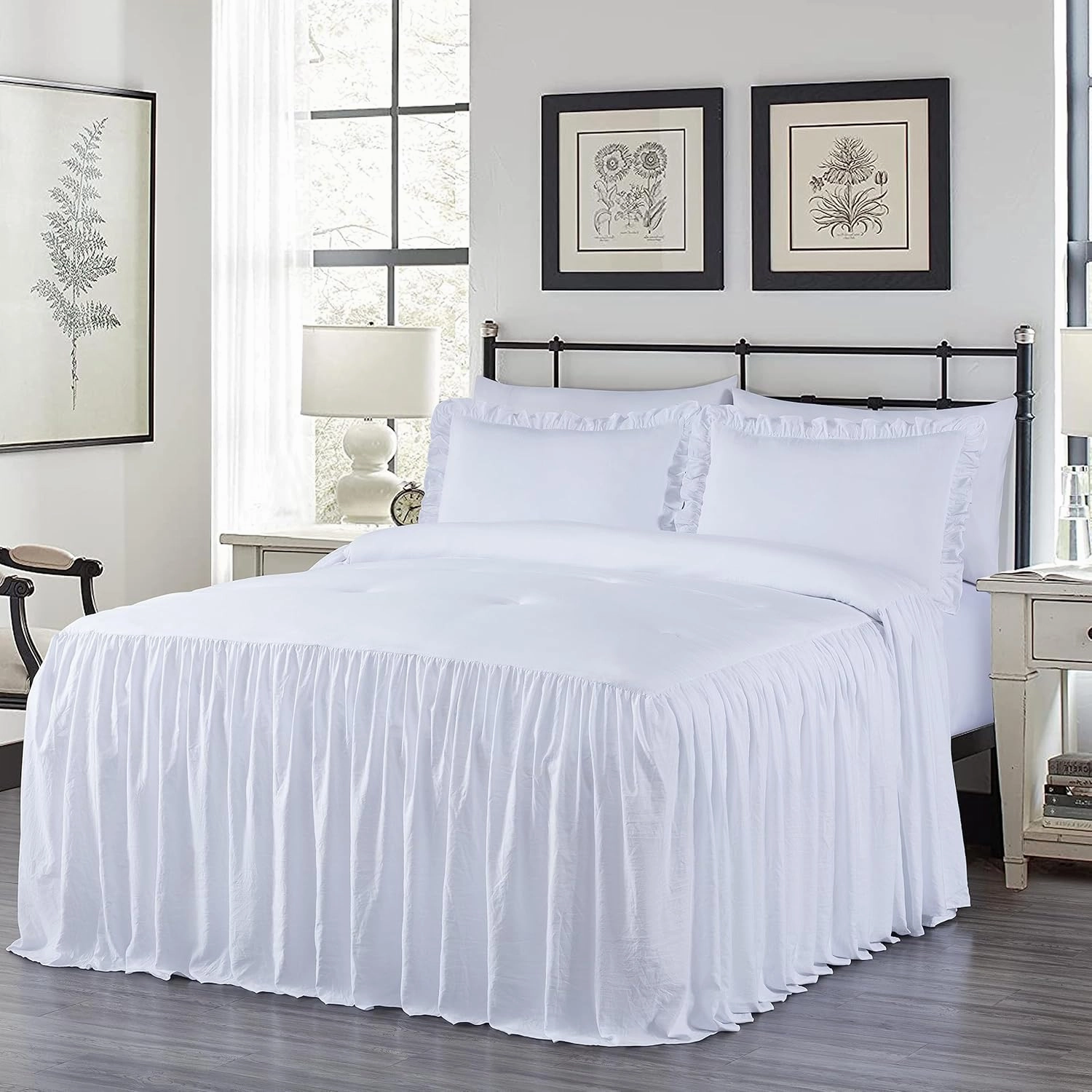 Chezmoi Collection Sinclair 3-Piece Ruffle Skirt Bedspread Set - French Country Chic Farmhouse - Queen, White
