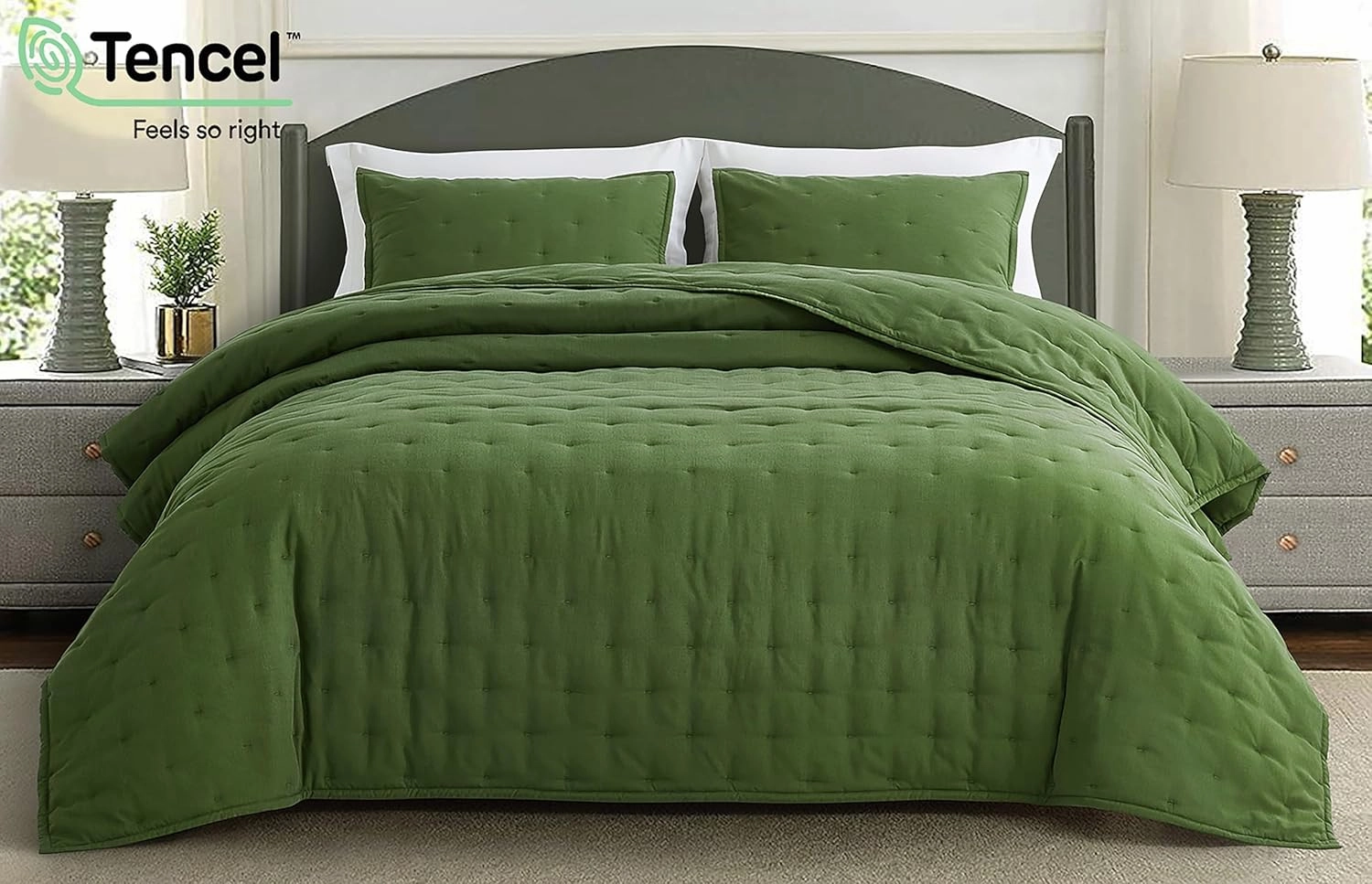 Chezmoi Collection Tencel Modal Blend Quilt Set Queen Size, Forest Green - Lightweight Soft Bedspread Crescent Stitched Quilt for All Seasons