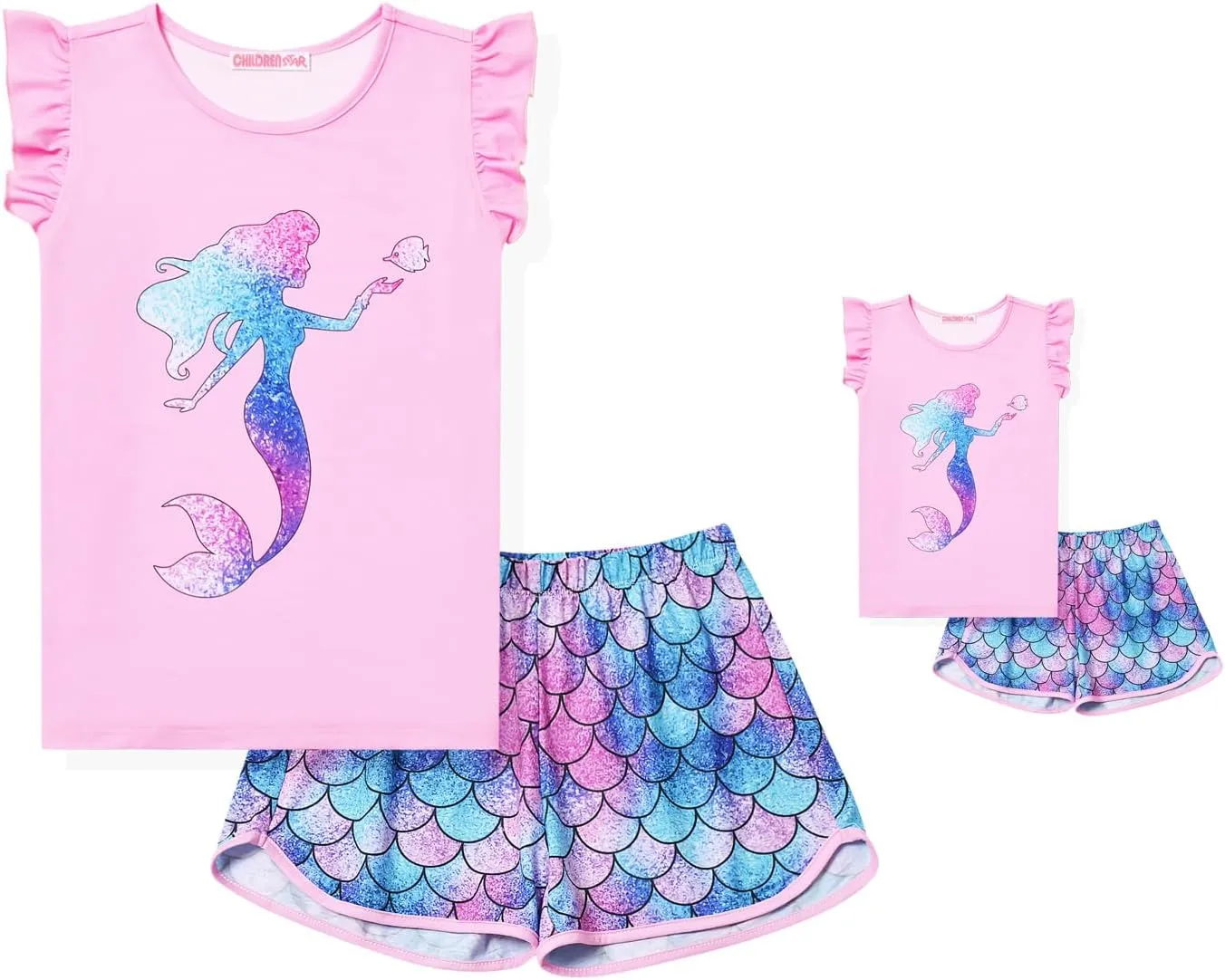 CHILDRENSTAR Matching Girls&Doll Pajama Sets Summer Pjs Flutter Sleeve Sleepwear