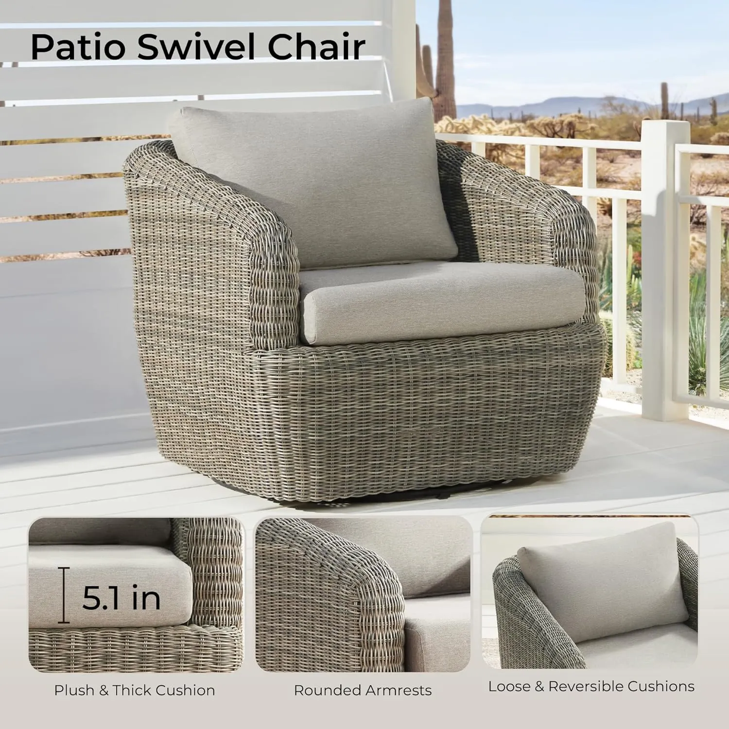 CHITA 3 Pieces Patio Wicker Furniture Set, Outdoor Rattan Bistro Set with Removable Thickened Cushions, Fully Assembled(Gray Cushions with Brownish Gray Wicker)