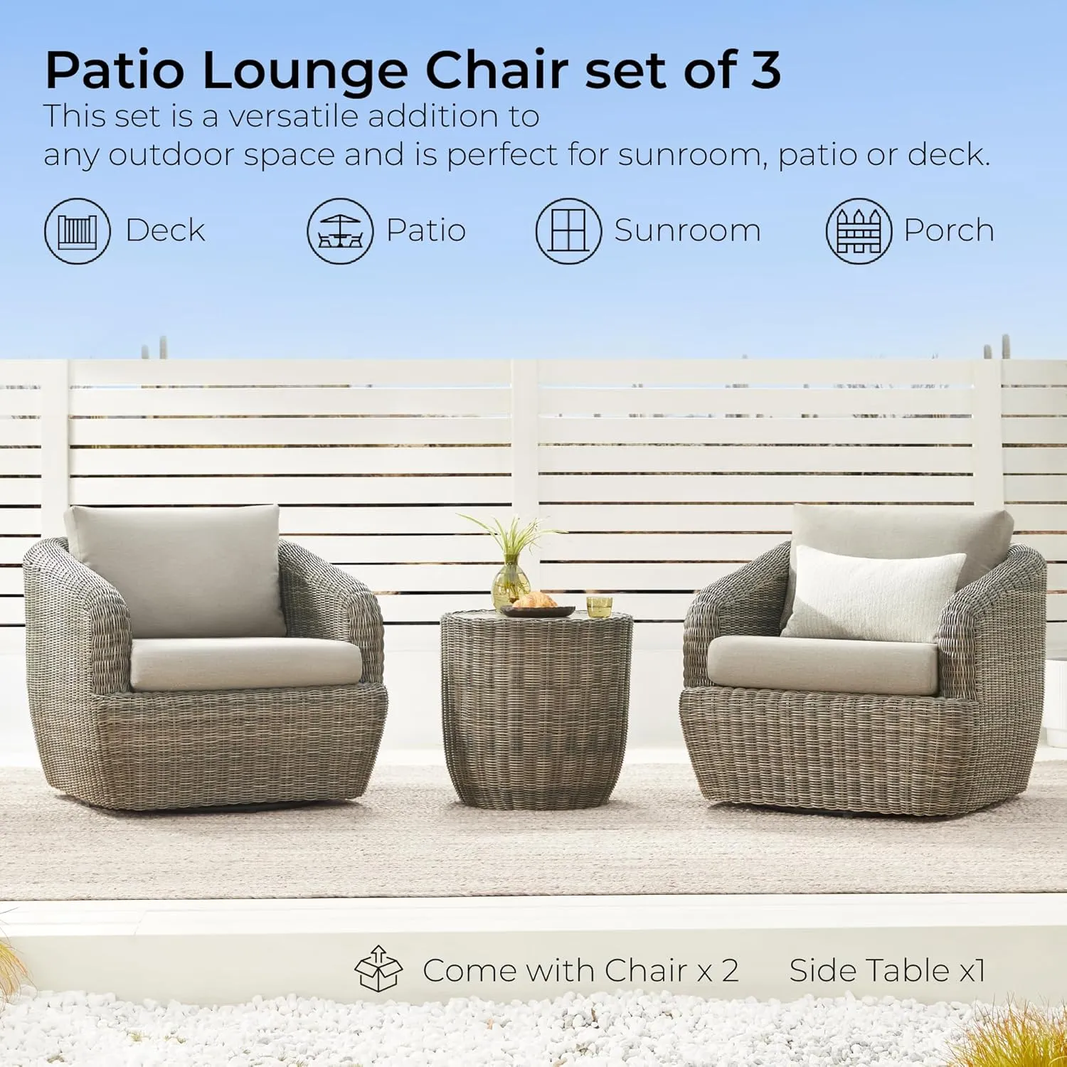 CHITA 3 Pieces Patio Wicker Furniture Set, Outdoor Rattan Bistro Set with Removable Thickened Cushions, Fully Assembled(Gray Cushions with Brownish Gray Wicker)
