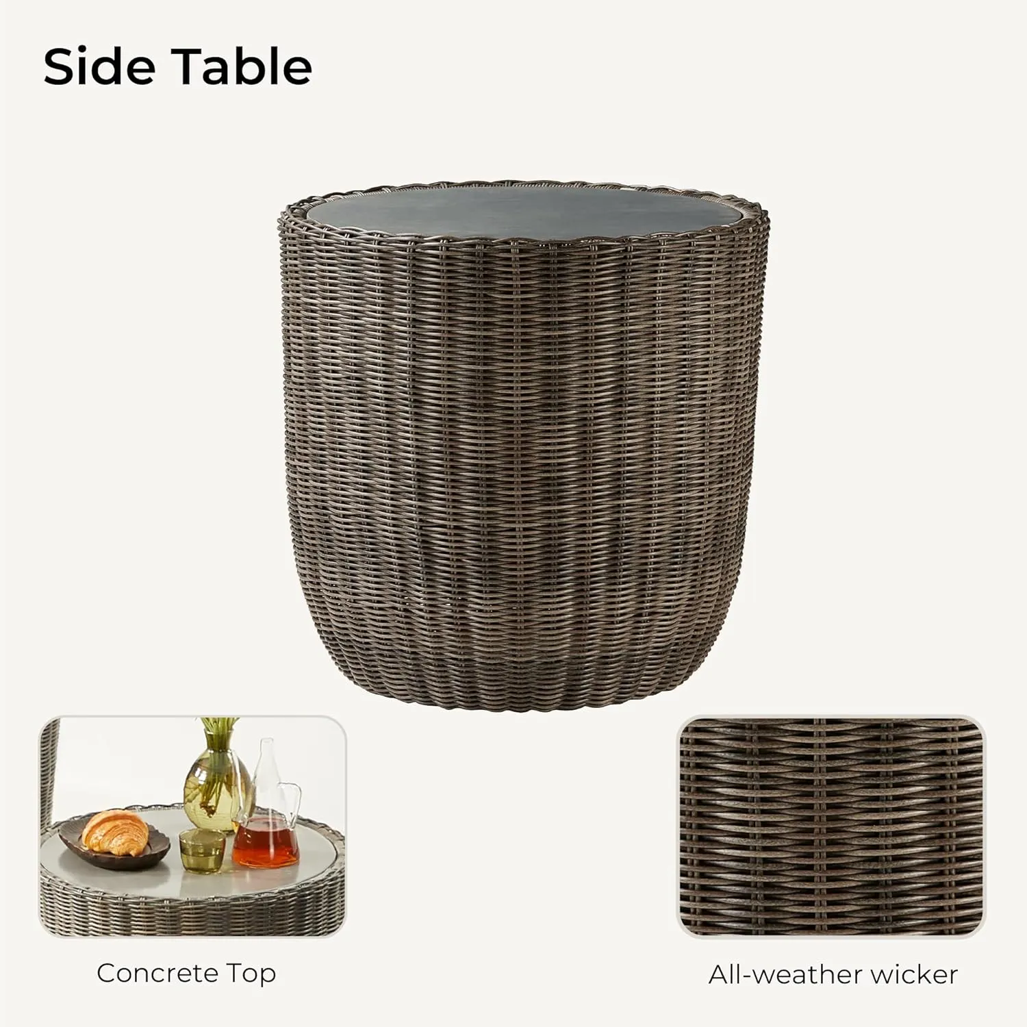 CHITA 3 Pieces Patio Wicker Furniture Set, Outdoor Rattan Bistro Set with Removable Thickened Cushions, Fully Assembled(Gray Cushions with Brownish Gray Wicker)