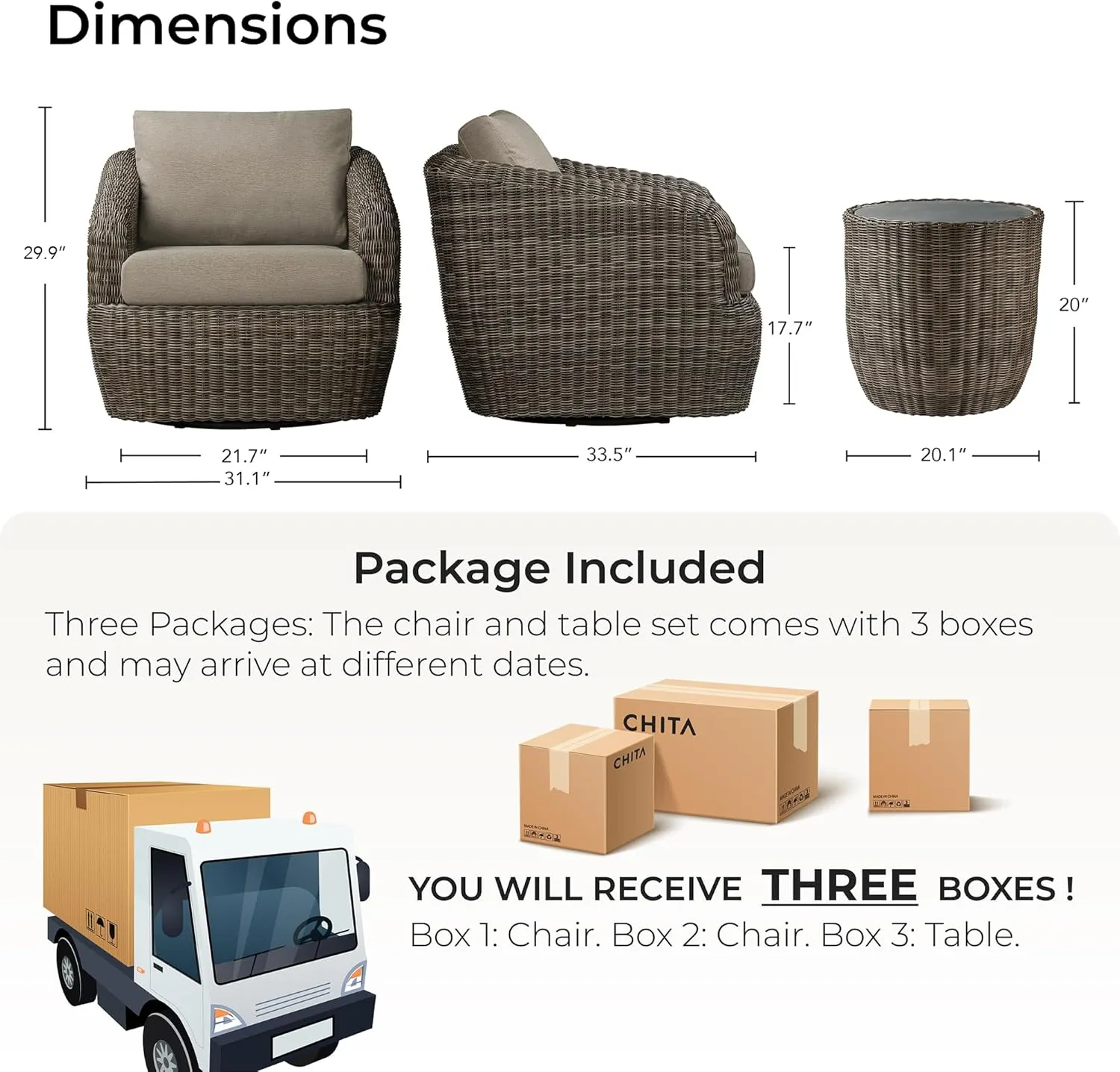 CHITA 3 Pieces Patio Wicker Furniture Set, Outdoor Rattan Bistro Set with Removable Thickened Cushions, Fully Assembled(Gray Cushions with Brownish Gray Wicker)
