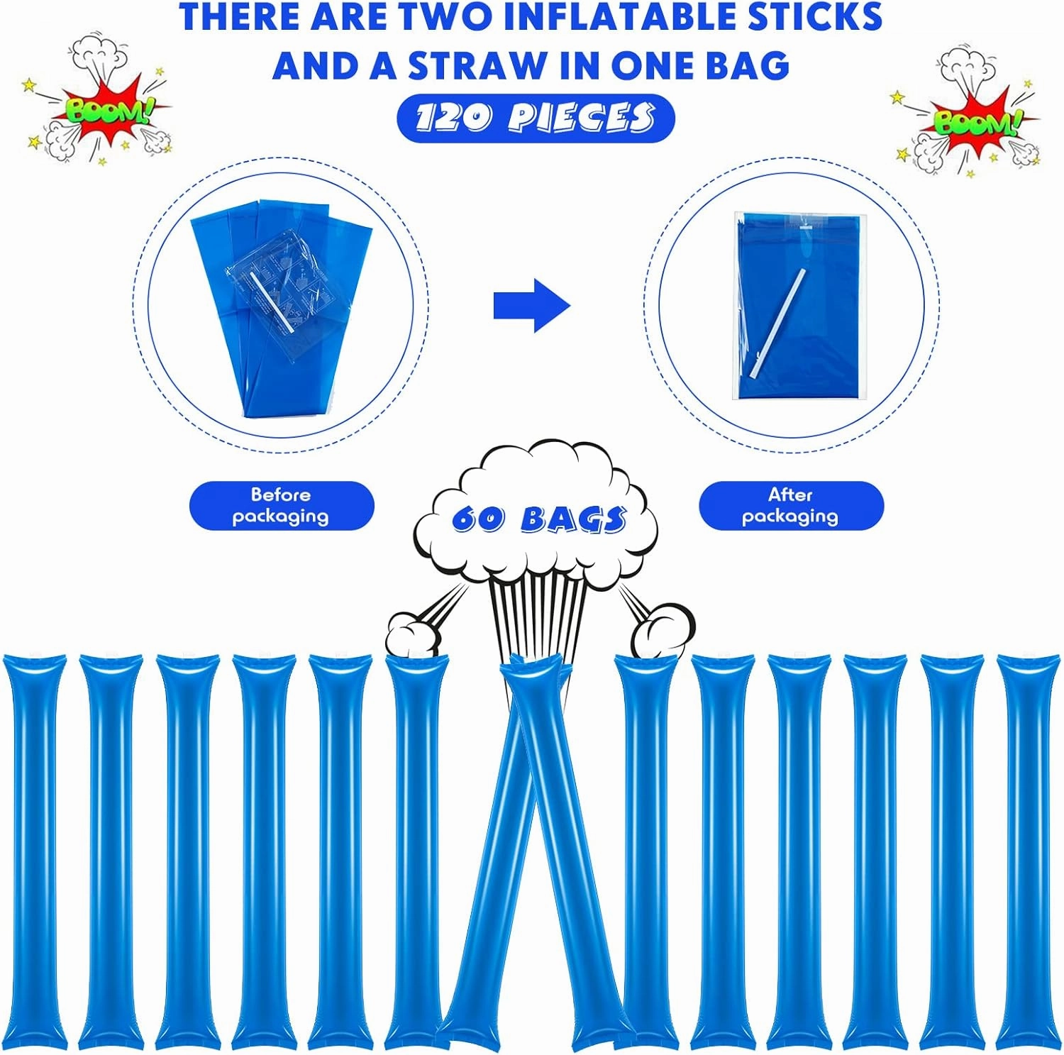 Chivao 120 Pcs Thunder Sticks Thicken Plastic Cheering Sticks Team Inflatable Noise Makers Cheerleading Sticks for Sporting Cheers Spirit Basketball Football Dance Halloween Party