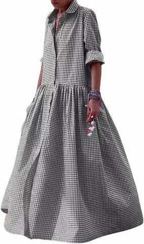 chouyatou Women's Retro Plaid Button Down Maxi Shirt Dress Long Sleeve Button Up Gingham Swing Long Dress