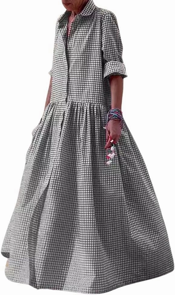 chouyatou Women's Retro Plaid Button Down Maxi Shirt Dress Long Sleeve Button Up Gingham Swing Long Dress