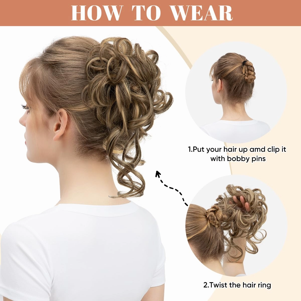 CJL HAIR 2PCS Messy Bun Hair Pieces Wavy Curly Synthetic Updo Chignon Fake Scrunchies Ponytail Extension for Women Brunette/Ash Blonde