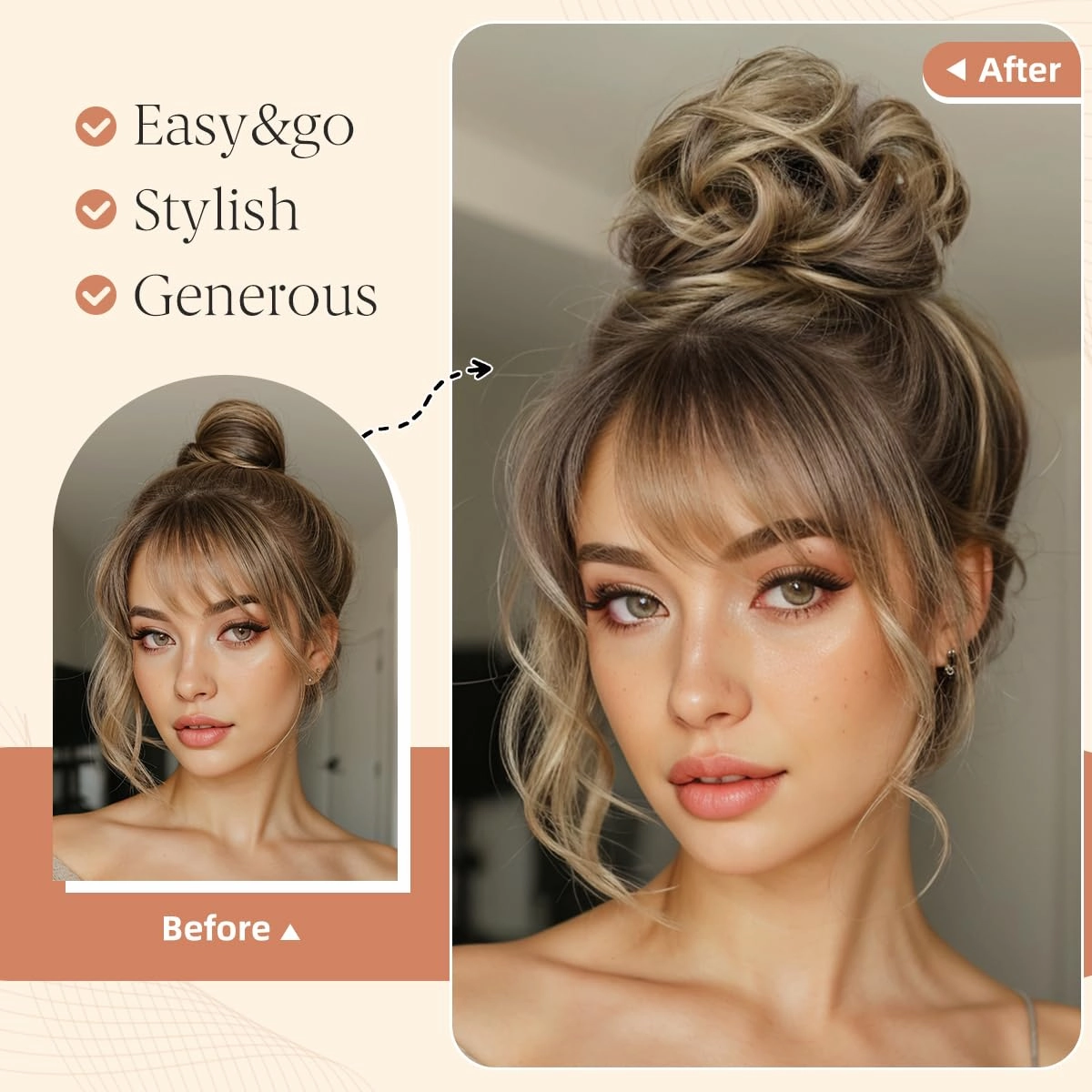 CJL HAIR 2PCS Messy Bun Hair Pieces Wavy Curly Synthetic Updo Chignon Fake Scrunchies Ponytail Extension for Women Brunette/Ash Blonde