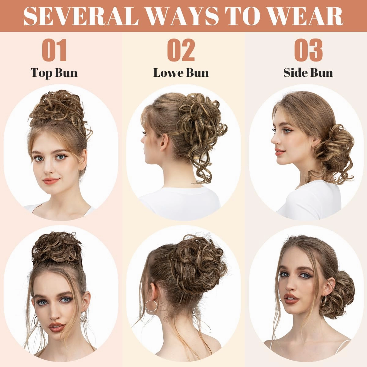 CJL HAIR 2PCS Messy Bun Hair Pieces Wavy Curly Synthetic Updo Chignon Fake Scrunchies Ponytail Extension for Women Brunette/Ash Blonde