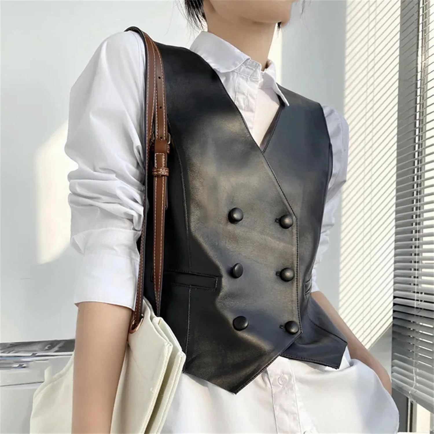 Classic Women Real Leather Double-Breasted V-neck Vest British Elegant Handsome Knight Style Gilet Female Waistcoat
