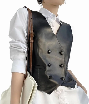 Classic Women Real Leather Double-Breasted V-neck Vest British Elegant Handsome Knight Style Gilet Female Waistcoat