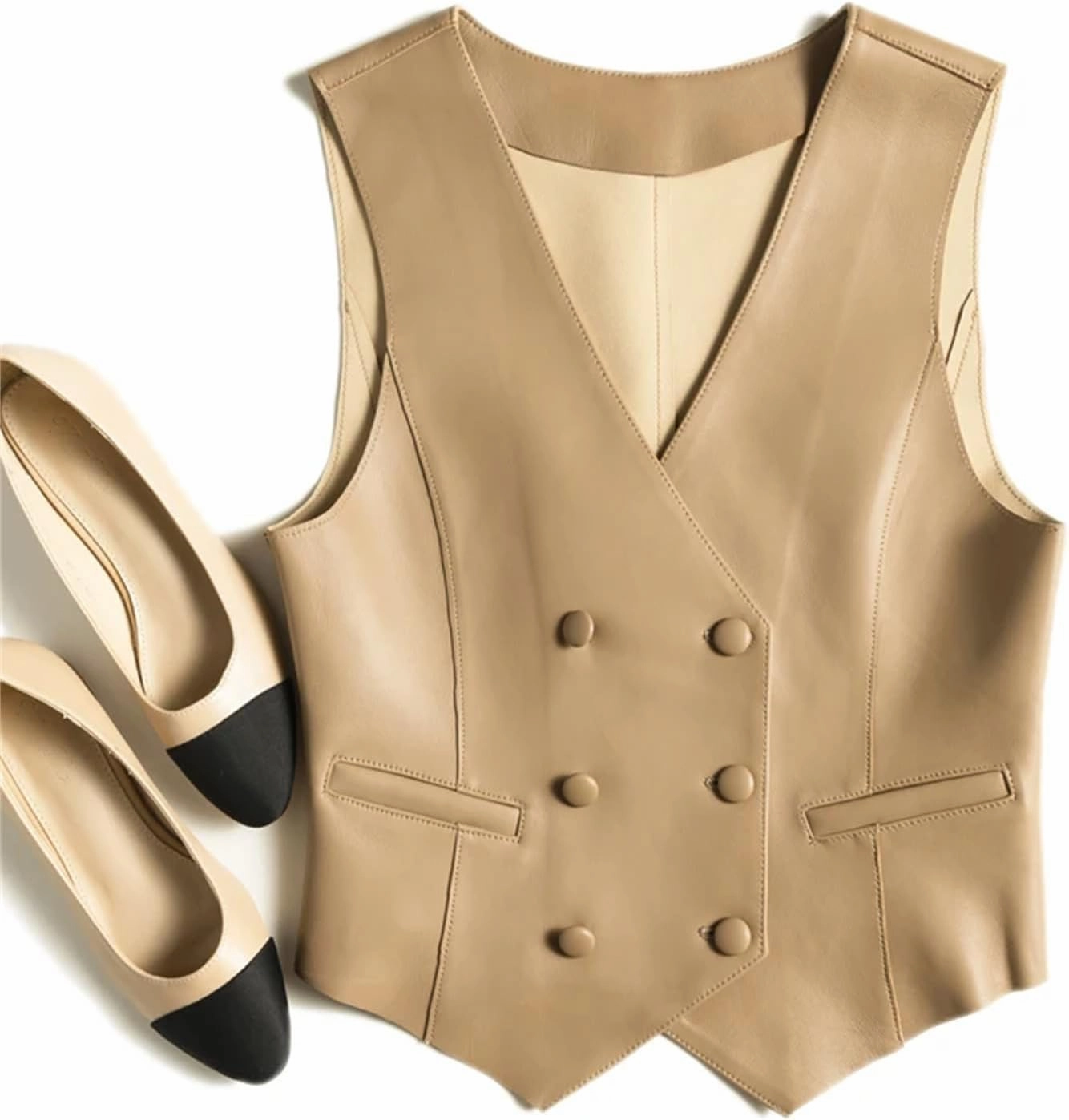 Classic Women Real Leather Double-Breasted V-neck Vest British Elegant Handsome Knight Style Gilet Female Waistcoat