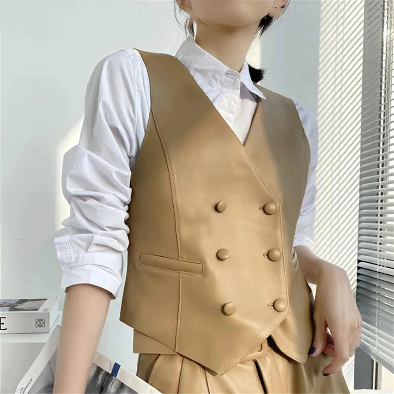 Classic Women Real Leather Double-Breasted V-neck Vest British Elegant Handsome Knight Style Gilet Female Waistcoat