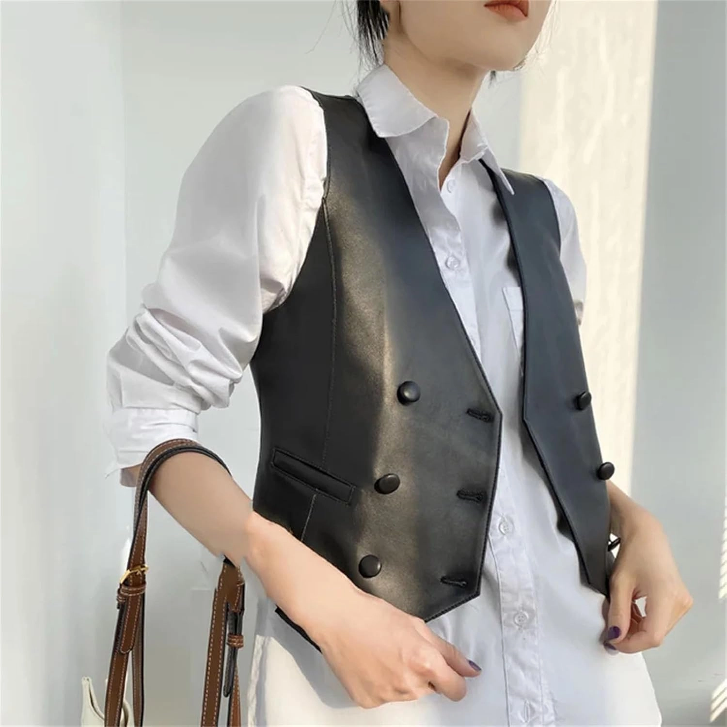Classic Women Real Leather Double-Breasted V-neck Vest British Elegant Handsome Knight Style Gilet Female Waistcoat