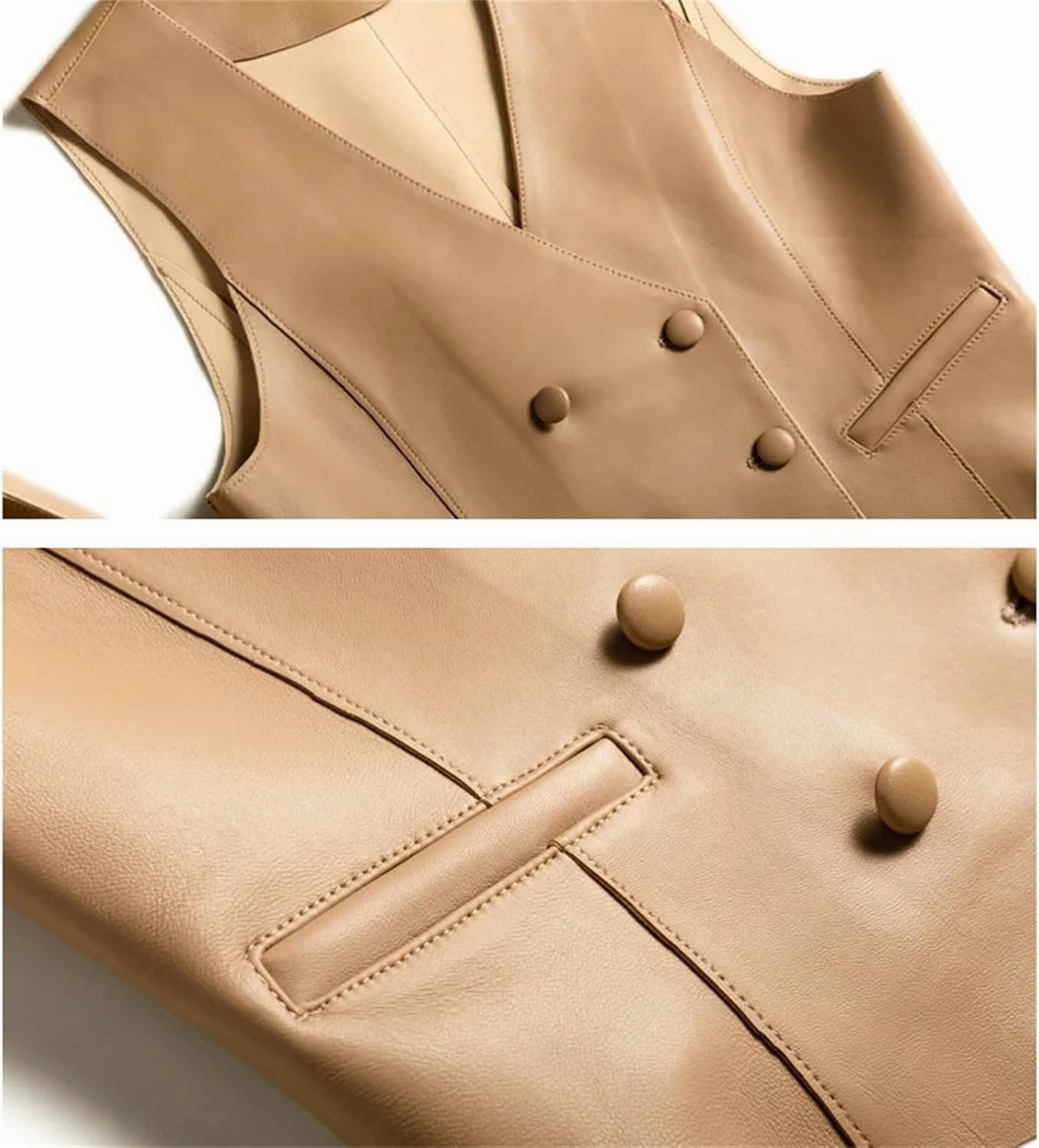 Classic Women Real Leather Double-Breasted V-neck Vest British Elegant Handsome Knight Style Gilet Female Waistcoat