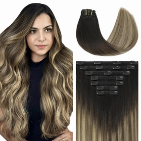 Clip in Hair Extensions Human Hair 18 Inch Balayage Black Ombre Dark Brown with Caramel Brown Clip in Remy Hair Extensions Easy to Install 160g 7 Pieces (7C#1B/4/27-18Inch)