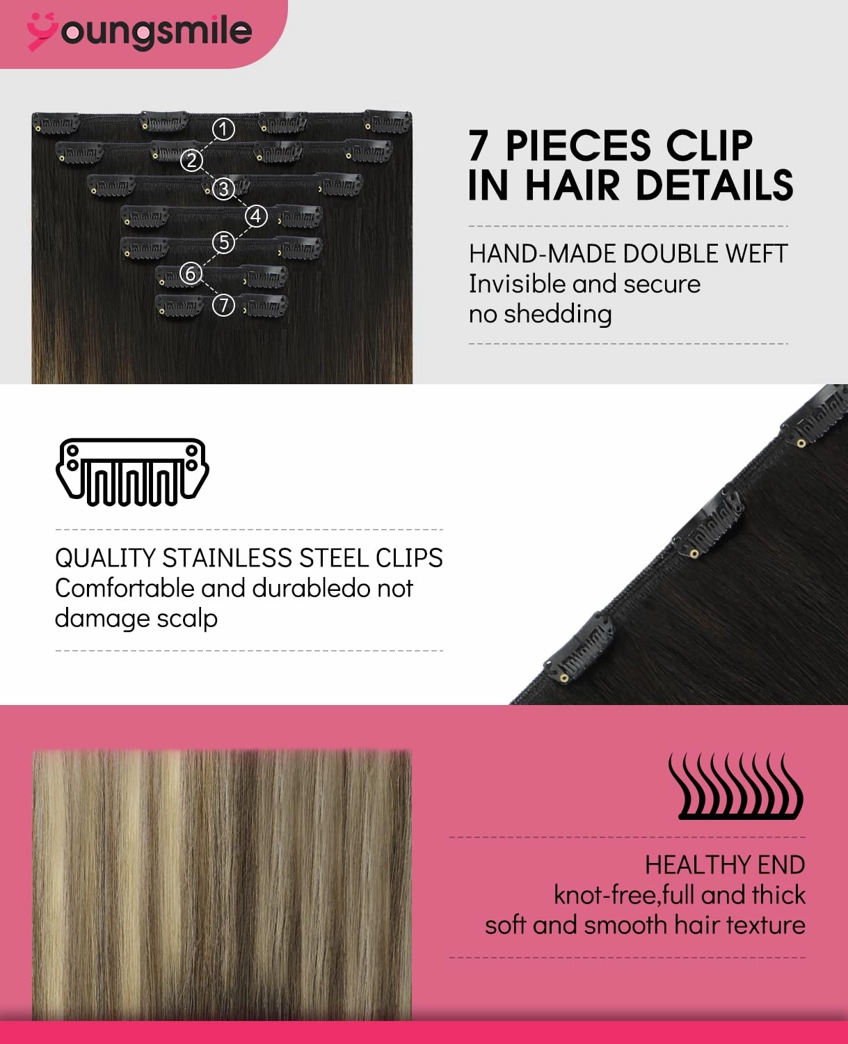 Clip in Hair Extensions Human Hair 18 Inch Balayage Black Ombre Dark Brown with Caramel Brown Clip in Remy Hair Extensions Easy to Install 160g 7 Pieces (7C#1B/4/27-18Inch)