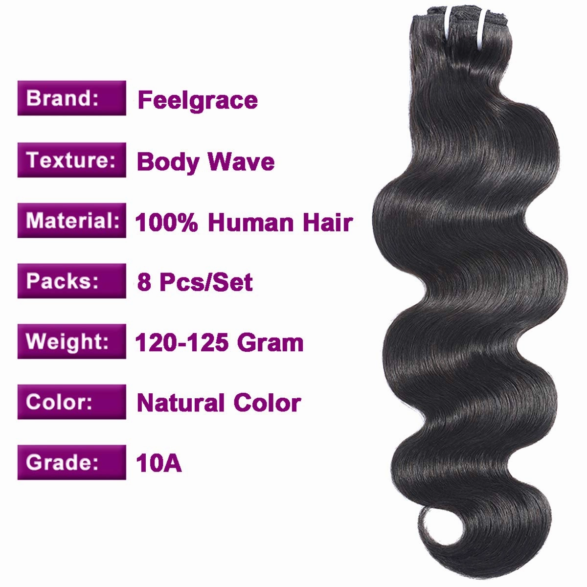 Clip in Human Hair Extensions 100% Unprocessed Brazilian Virgin Hair Double Weft Long 8 Pieces/Lot 125g with 16 Clips (16 Inch, Body Wave)