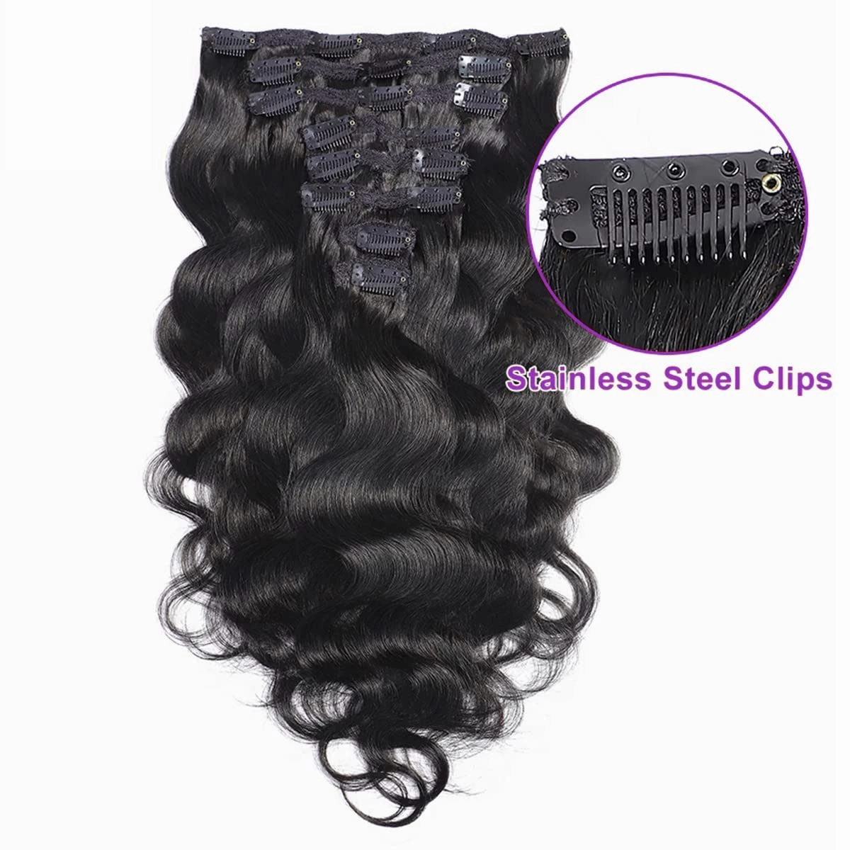 Clip in Human Hair Extensions 100% Unprocessed Brazilian Virgin Hair Double Weft Long 8 Pieces/Lot 125g with 16 Clips (16 Inch, Body Wave)