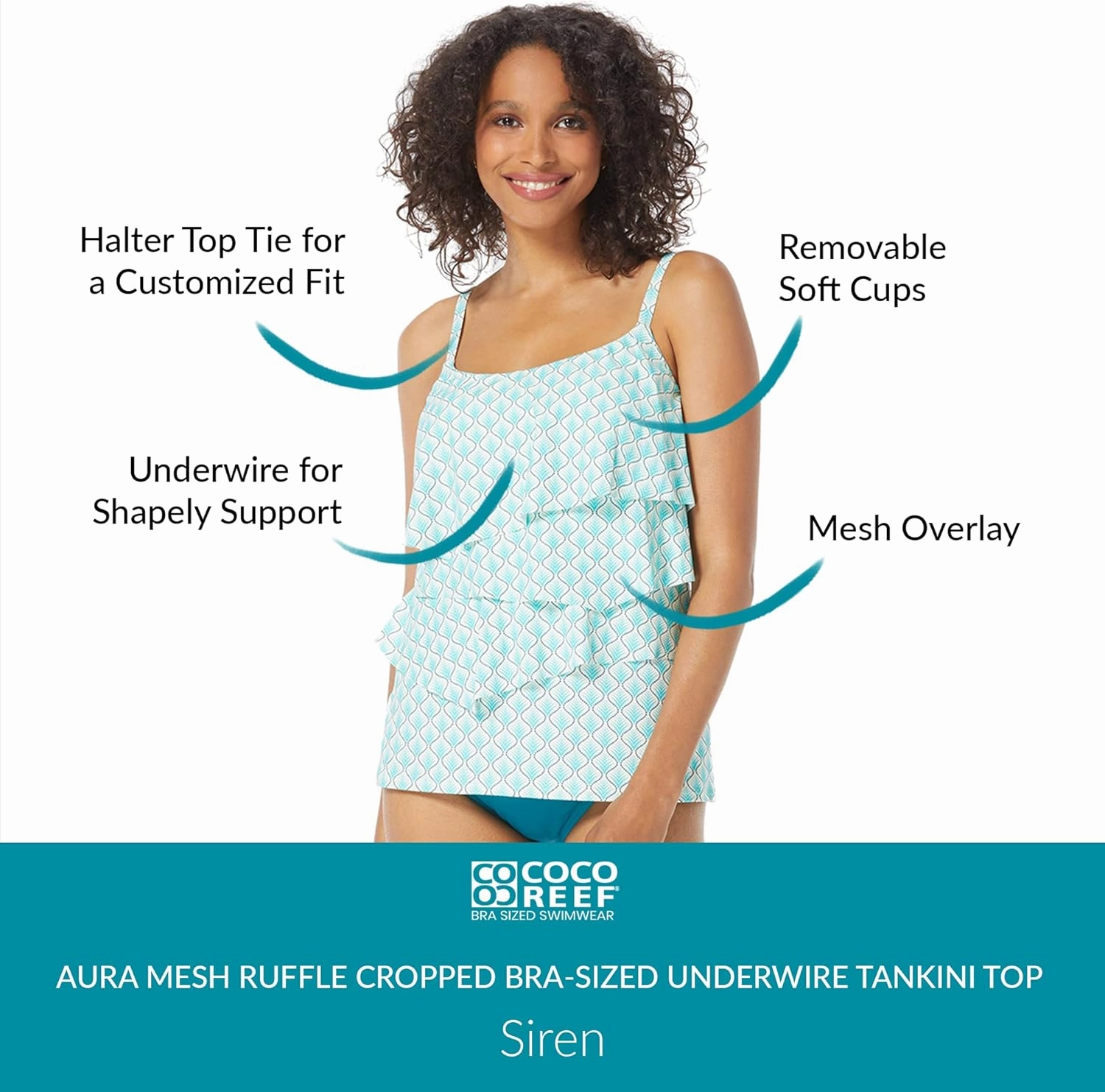 COCO REEF Aura Ruffle Bra Sized Underwire Tankini Top, Full Coverage Swimsuit Top