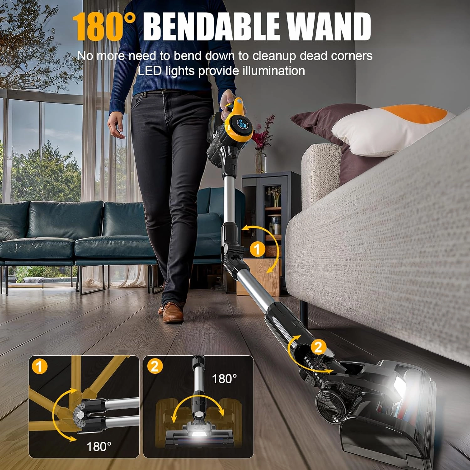 Cordless Vacuum Cleaner for DeWalt 20V Battery, 30KPa 180° Bendable Wand 6 in 1 Lightweight Stick Vacuum Smart Screen 350W Brushless Motor Hardwood Floor Floor Pet Hair Carpet(Battery not Include)