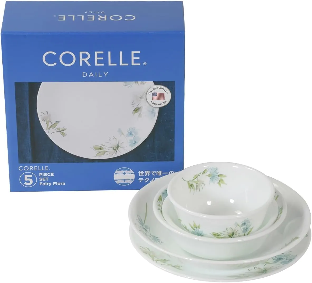 Corelle CP-8943 Daily Fairy Flora 5-Piece Set, Medium Plate, Deep Plate, Medium Bowl, Small Bowl, Variable Bowl, Break-Resistant, Lightweight, Microwave Safe, Oven Safe, Dishwasher Safe