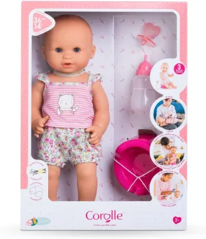 Corolle Drink and Wet Bath Baby Emma - 14” Girl Baby Doll with 3 Accessories - Bottle, Potty, and Pacifier - Really Drinks and Goes Potty, for Kids Ages 2 Years and up