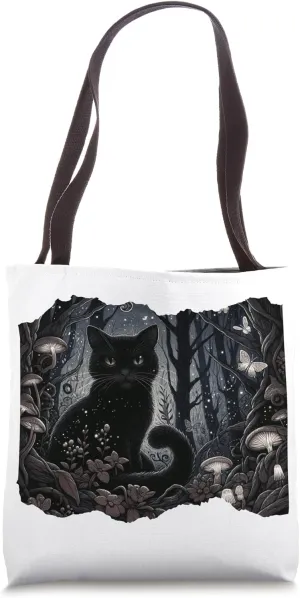 Cottagecore Aesthetic Cute Cat with Mushroom in Fairy Forest Tote Bag