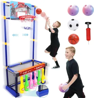 COUOMOXA 3-in-1 Sports Set for Toddlers: Basketball, Soccer & Bowling Toy - Develop Motor Skills with Fun Play Modes - Great for Indoor Family Fun or Outdoor Activity - Ages 3  Gift Idea
