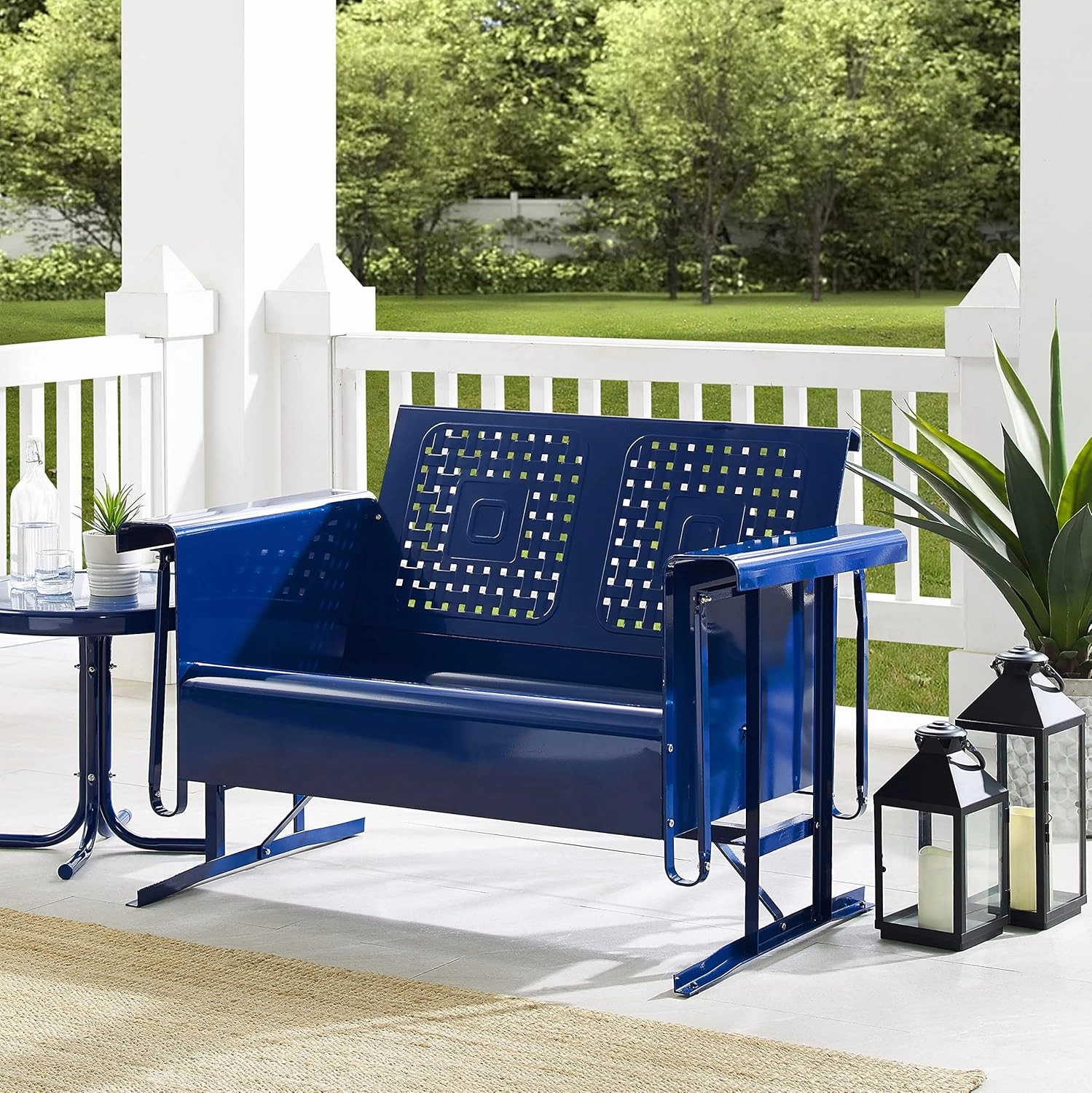 Crosley Furniture Bates Retro Metal Outdoor Loveseat Glider, 2-Person Rocking Patio Bench for Porch, Deck, Navy Gloss