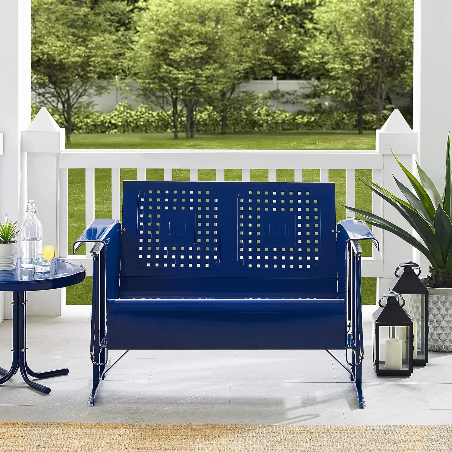 Crosley Furniture Bates Retro Metal Outdoor Loveseat Glider, 2-Person Rocking Patio Bench for Porch, Deck, Navy Gloss