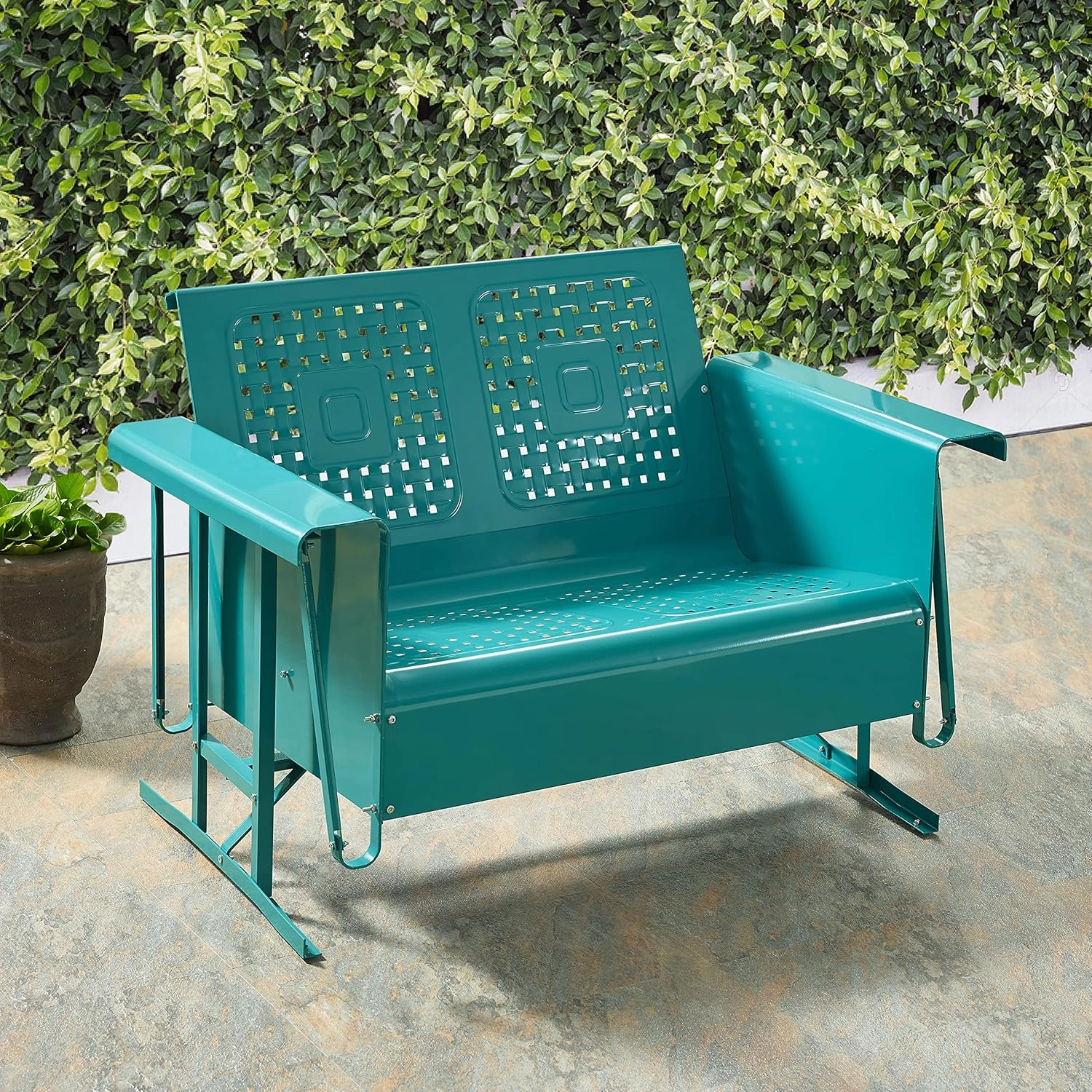 Crosley Furniture Bates Retro Metal Outdoor Loveseat Glider, 2-Person Rocking Patio Bench for Porch, Deck, Turquoise Gloss