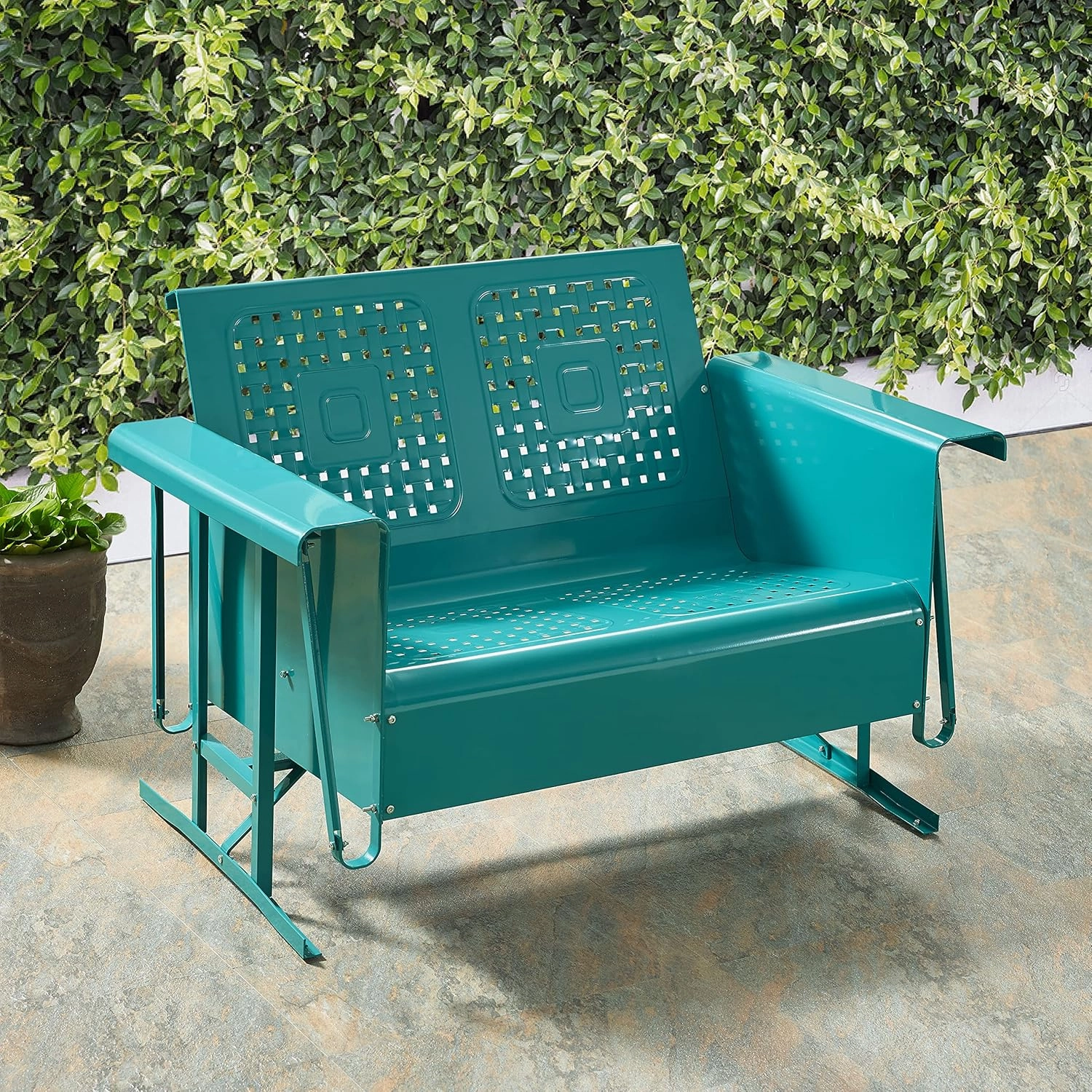 Crosley Furniture Bates Retro Metal Outdoor Loveseat Glider, 2-Person Rocking Patio Bench for Porch, Deck, Turquoise Gloss