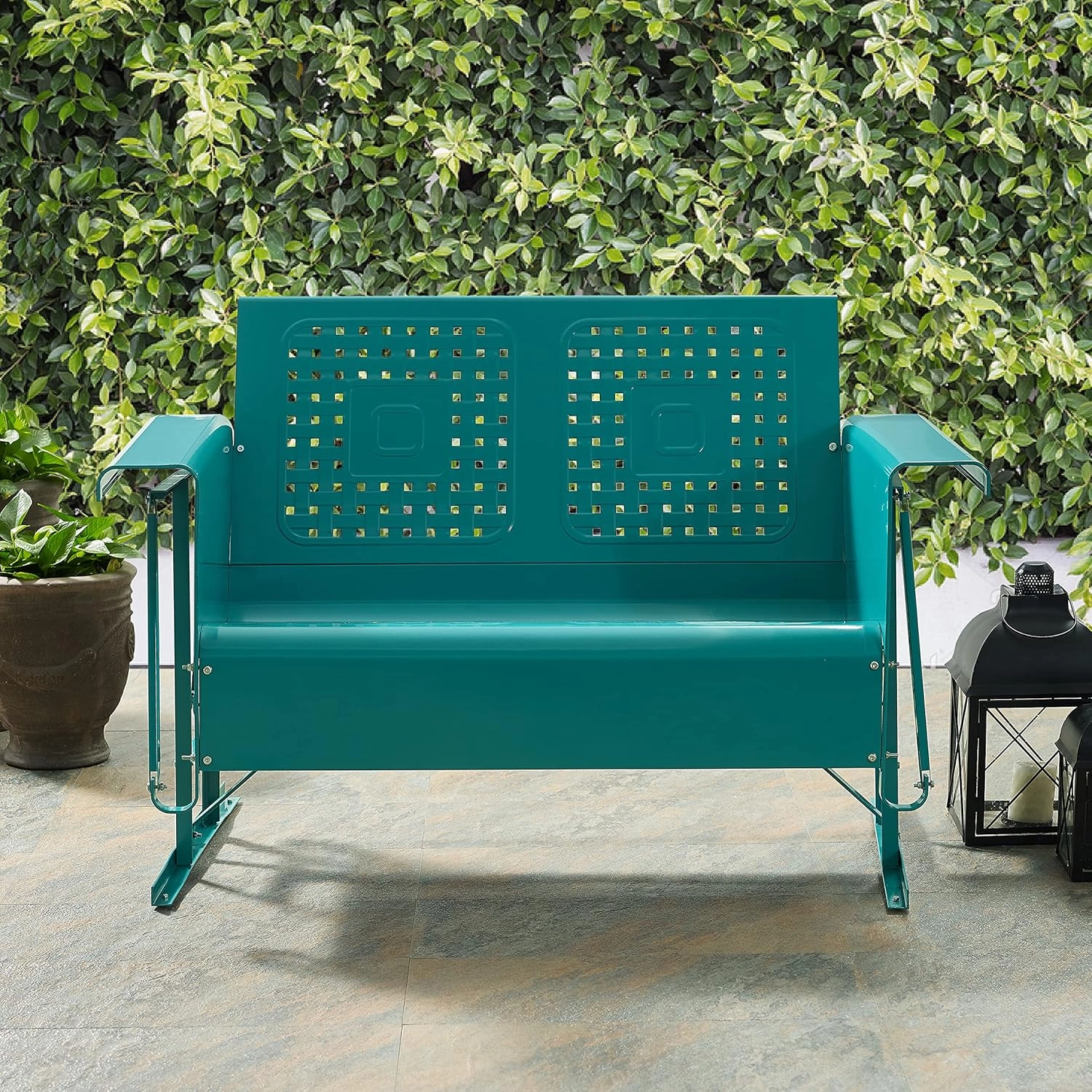 Crosley Furniture Bates Retro Metal Outdoor Loveseat Glider, 2-Person Rocking Patio Bench for Porch, Deck, Turquoise Gloss