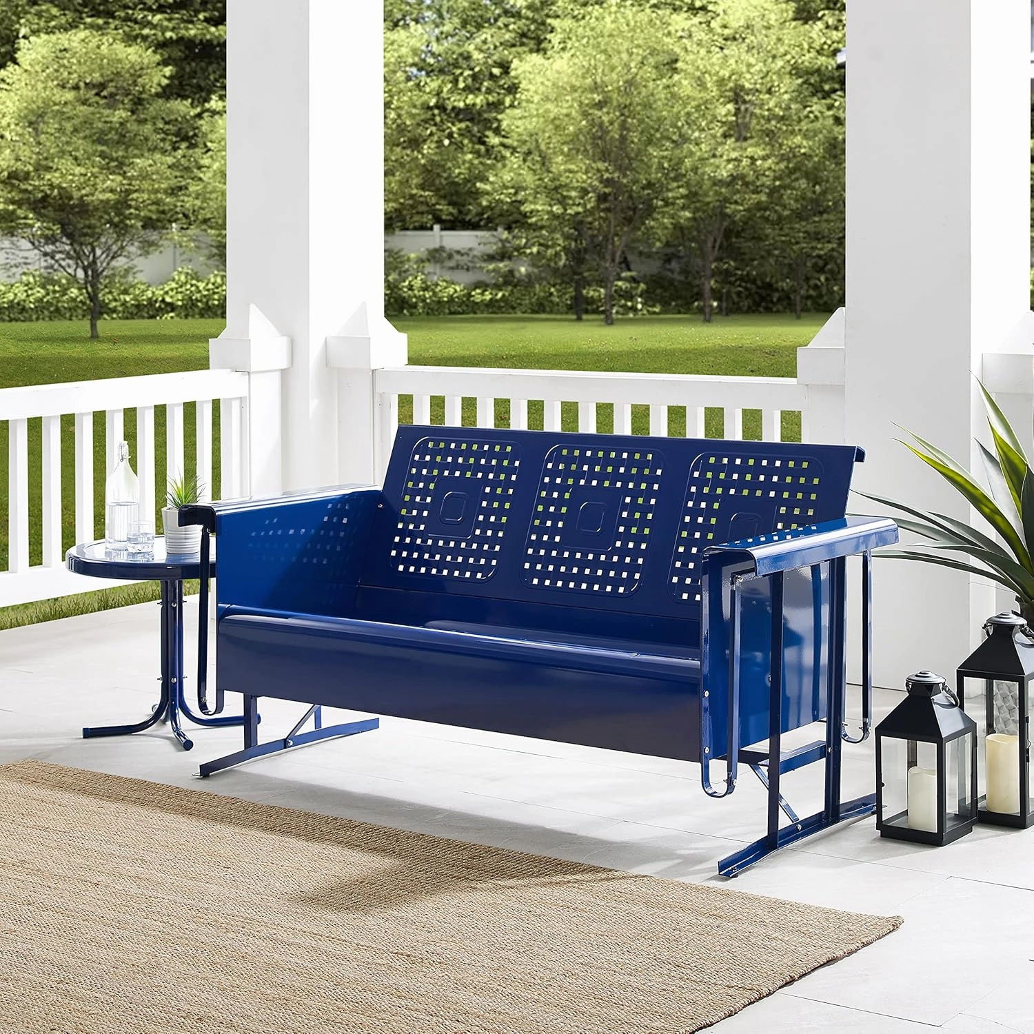 Crosley Furniture Bates Retro Metal Outdoor Sofa Glider, 3-Person Rocking Patio Bench for Porch, Deck, Navy Gloss