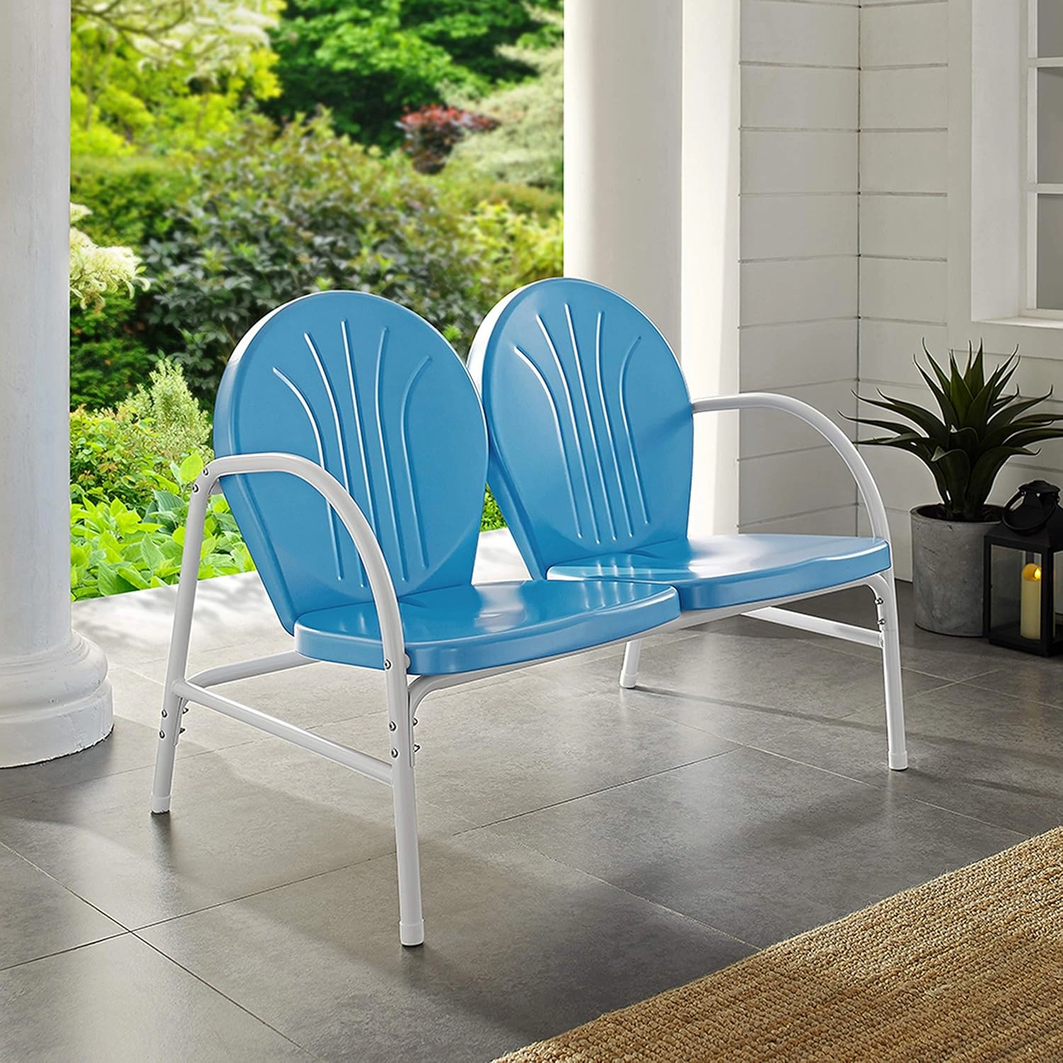 Crosley Furniture Griffith Retro Metal Outdoor Loveseat, 2-Person Patio Bench for Porch, Deck, Balcony, Sky Blue