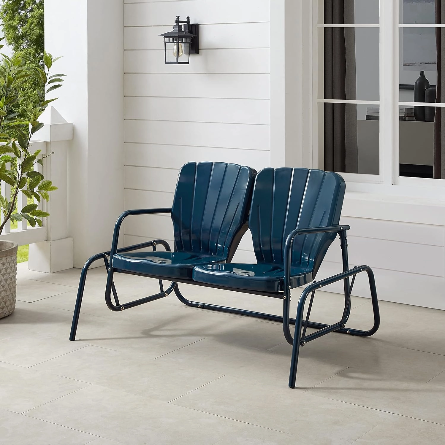 Crosley Furniture Ridgeland Retro Metal Outdoor Loveseat Glider, 2-Person Rocking Patio Bench for Porch, Navy Gloss