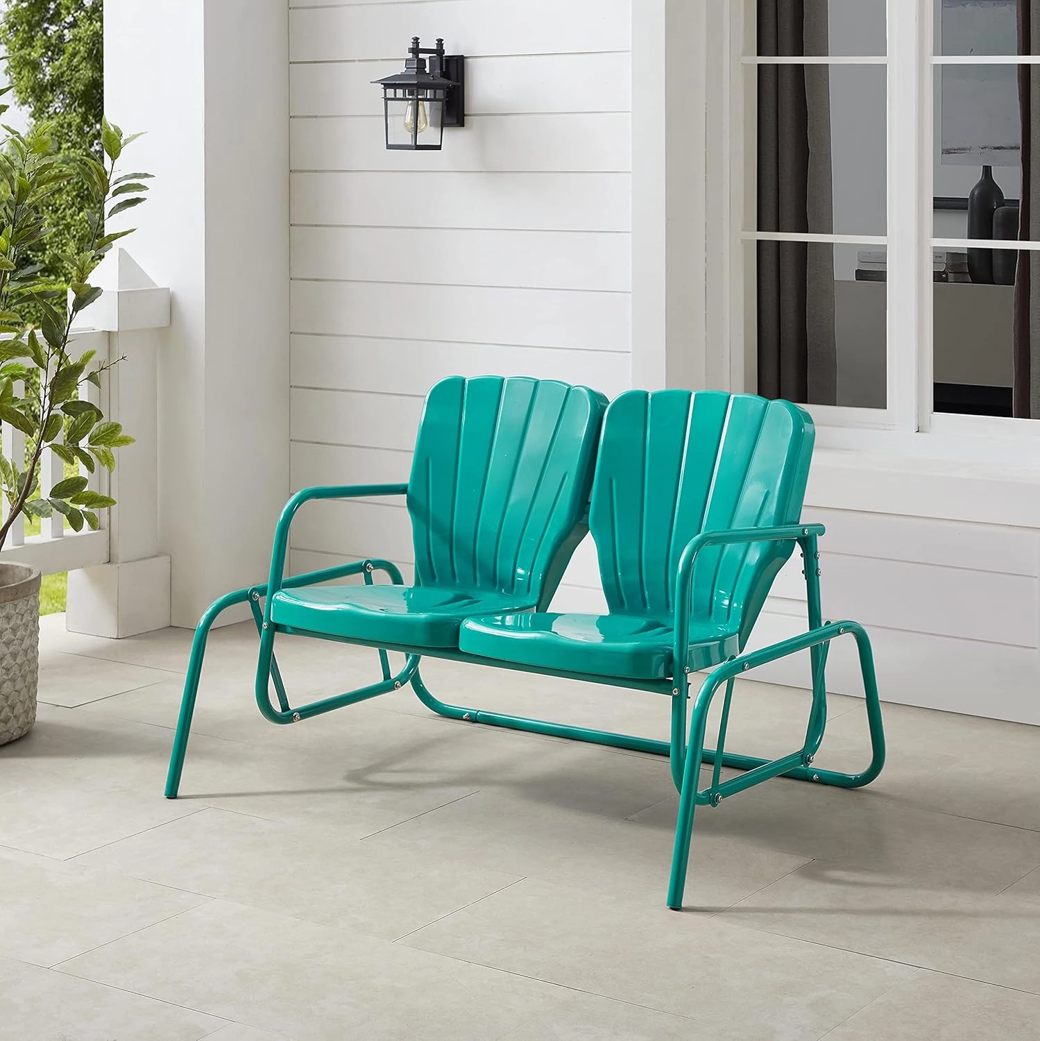 Crosley Furniture Ridgeland Retro Metal Outdoor Loveseat Glider, 2-Person Rocking Patio Bench for Porch, Turquoise Gloss