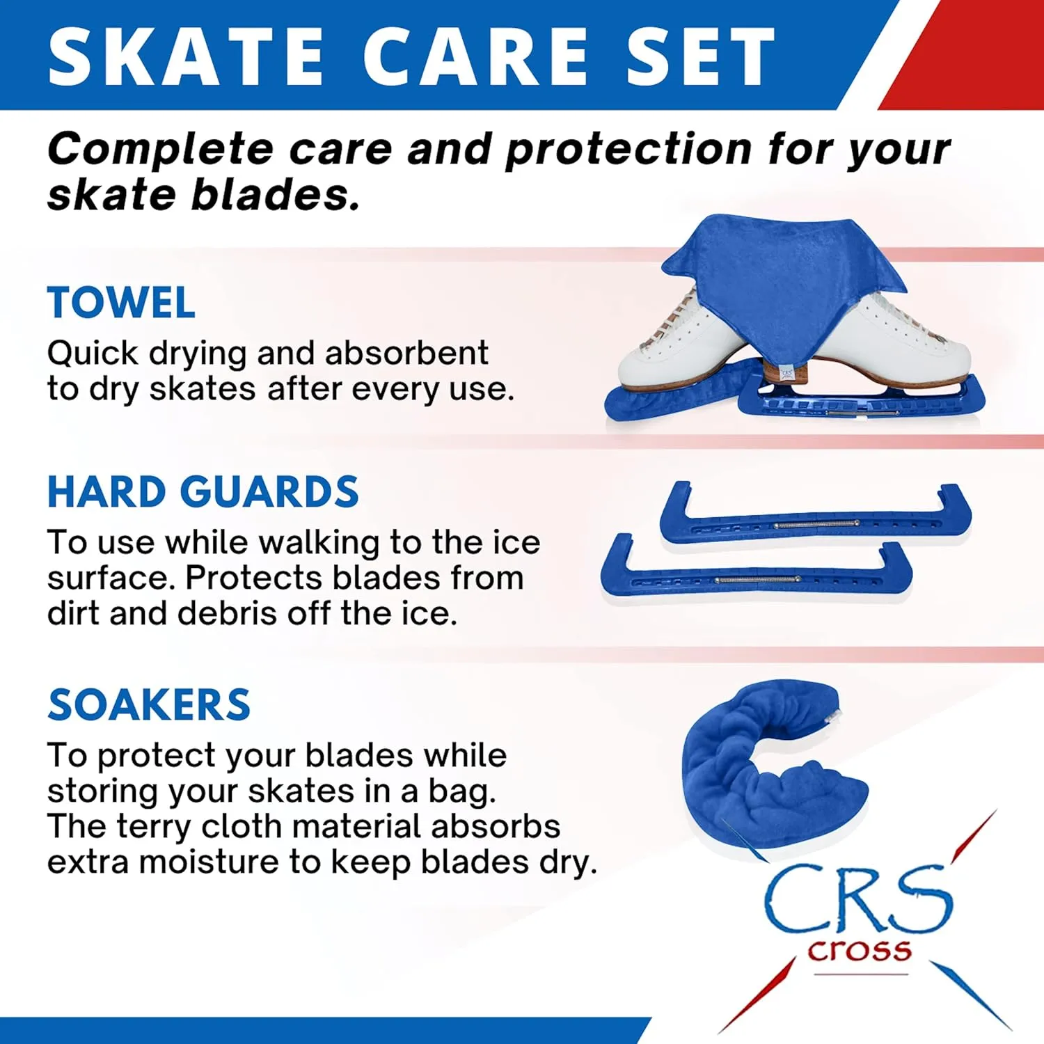 CRS Cross Skate Guards, Soakers and Towel Gift Set - Ice Skating Guards and Soft Skate Blade Covers for Figure Skating or Hockey