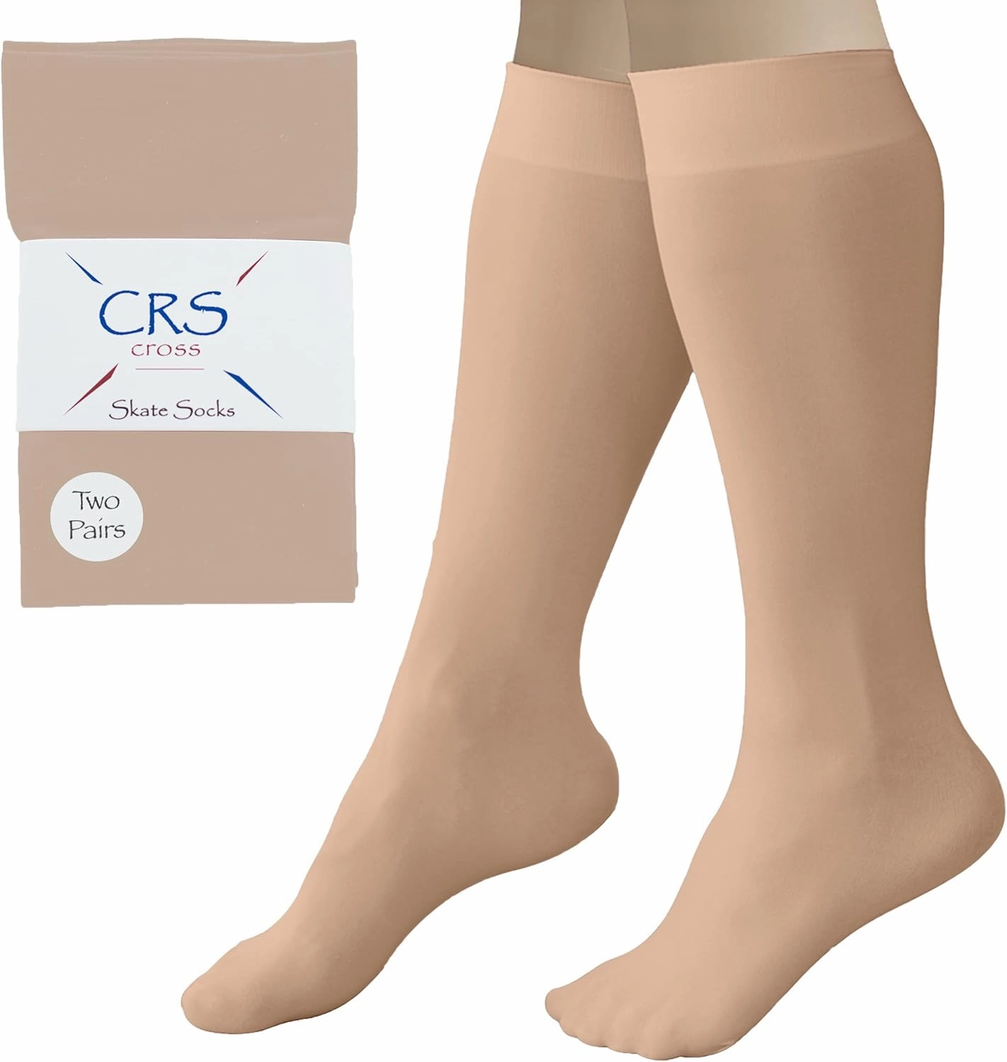 CRS Cross Figure Skating Socks. 2 Pair Knee High Tights. Premium Footed Ice Skate Dance Socks in a Variety of Colors.