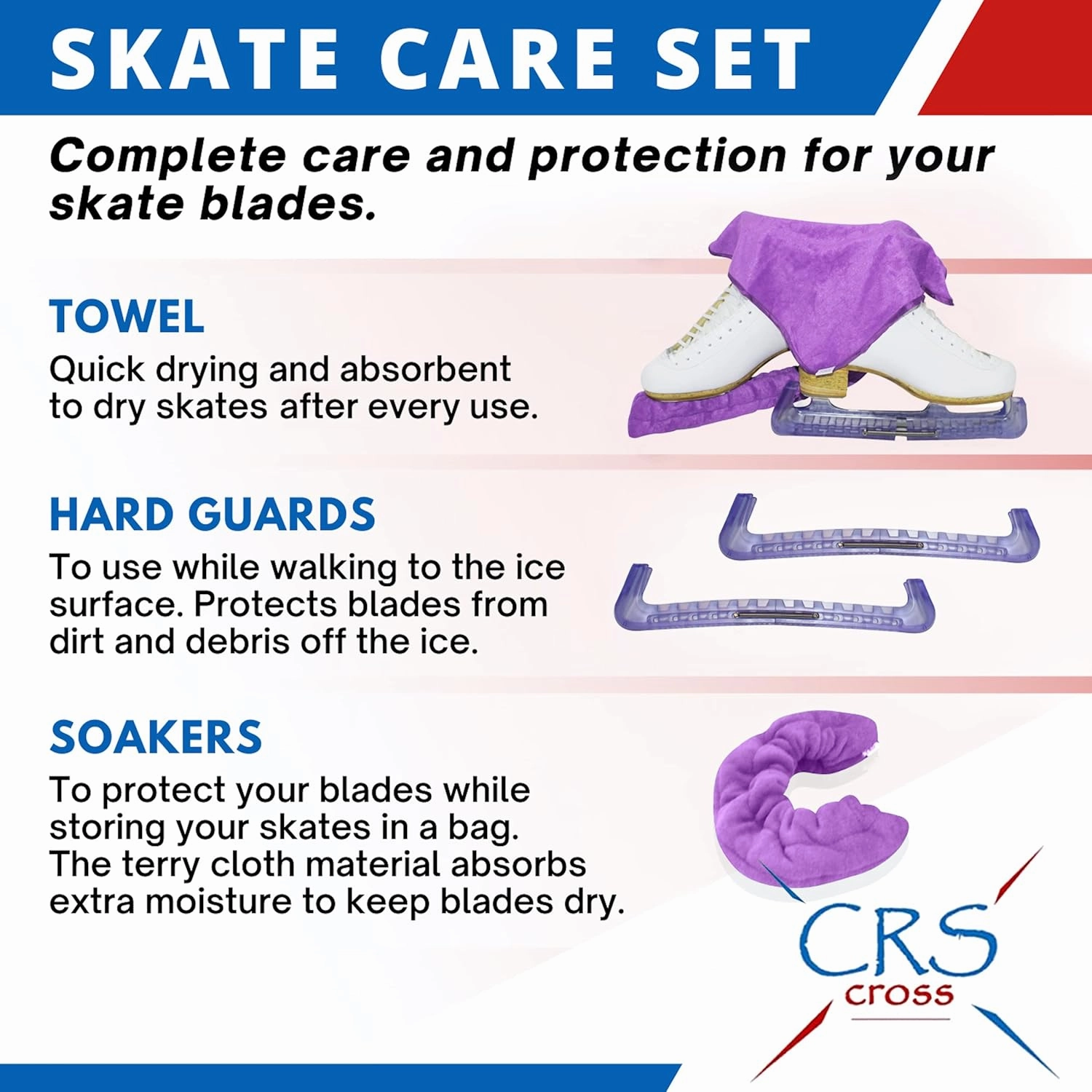 CRS Cross Skate Guards, Soakers and Towel Gift Set - Ice Skating Guards and Soft Skate Blade Covers for Figure Skating or Hockey