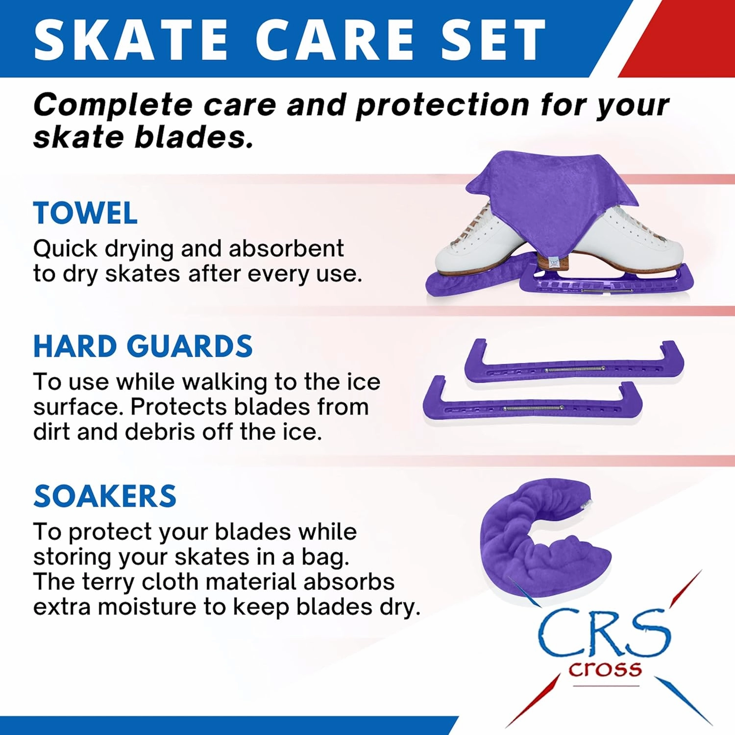 CRS Cross Skate Guards, Soakers and Towel Gift Set - Ice Skating Guards and Soft Skate Blade Covers for Figure Skating or Hockey