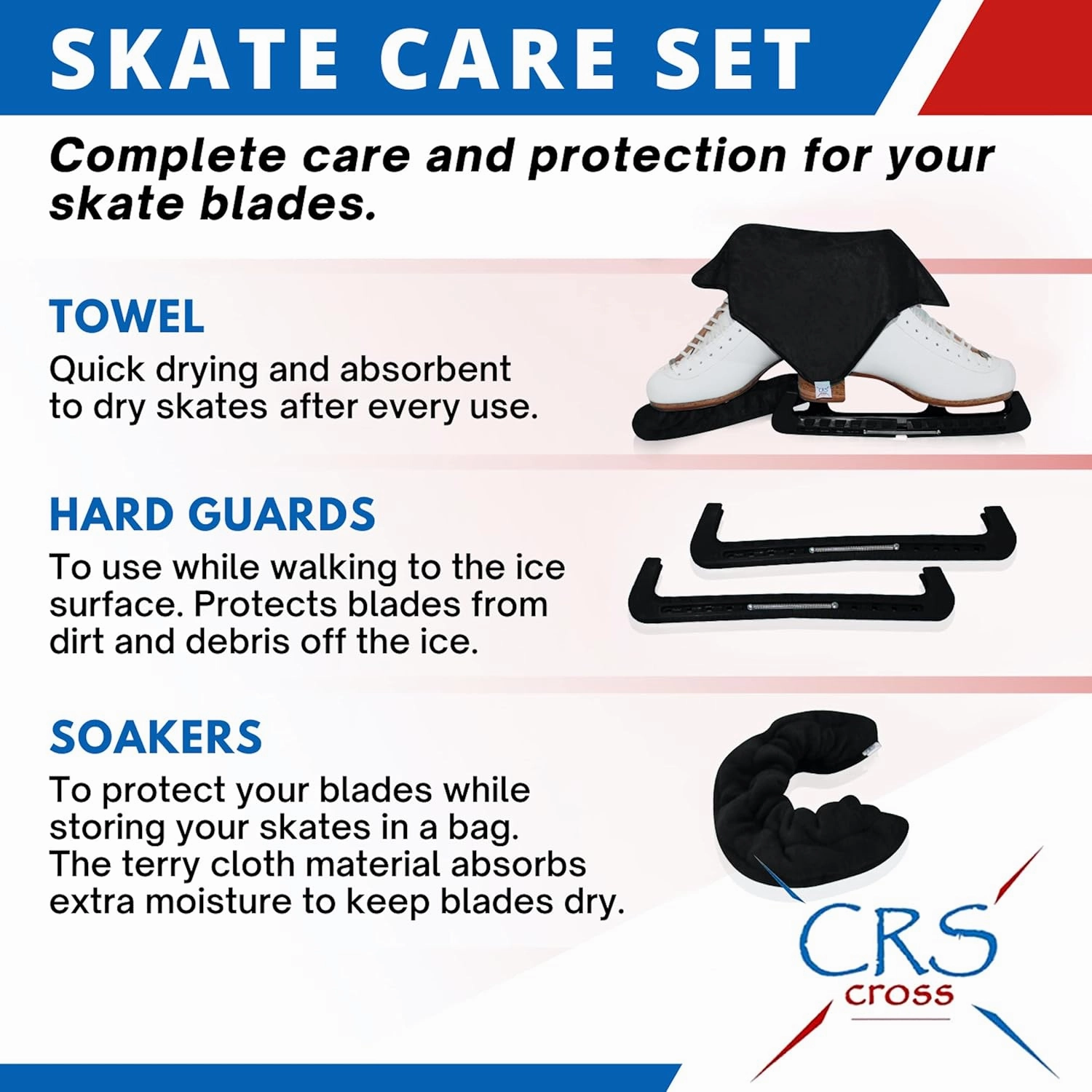 CRS Cross Skate Guards, Soakers and Towel Gift Set - Ice Skating Guards and Soft Skate Blade Covers for Figure Skating or Hockey