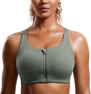 CRZ YOGA Womens Zip Front High Impact Sports Bra - Molded Cup Adjustable Convertible Straps Wireless Workout Yoga Crop Top