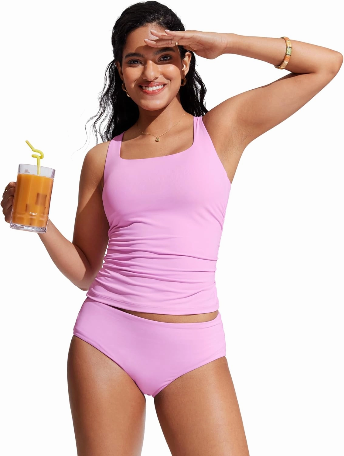 CRZ YOGA Tankini Tops for Women Square Neck Swimsuit Ruched Tummy Control Bathing Suits Adjustable Swim Tank Only No Bottom