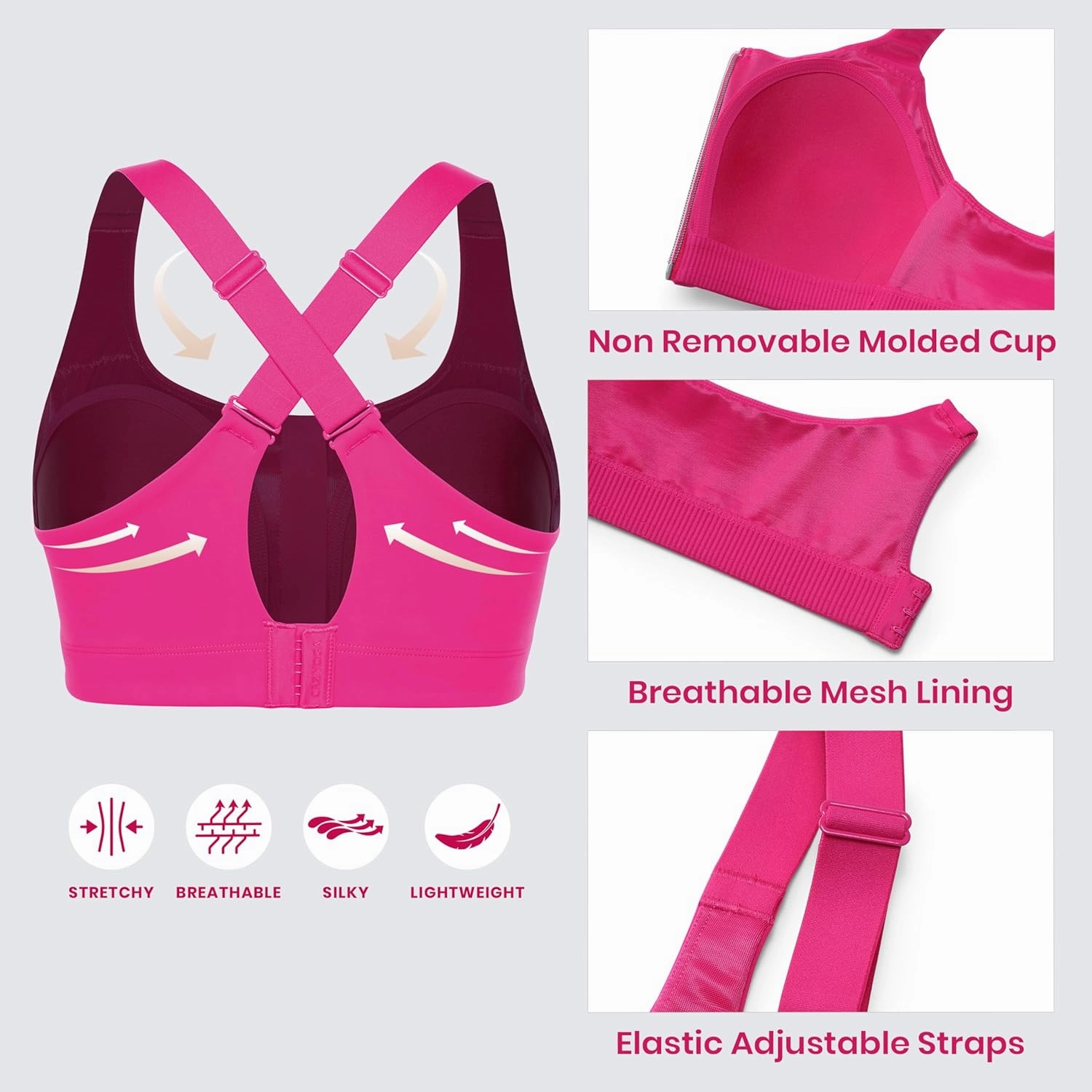 CRZ YOGA Womens Zip Front High Impact Sports Bra - Molded Cup Adjustable Convertible Straps Wireless Workout Yoga Crop Top