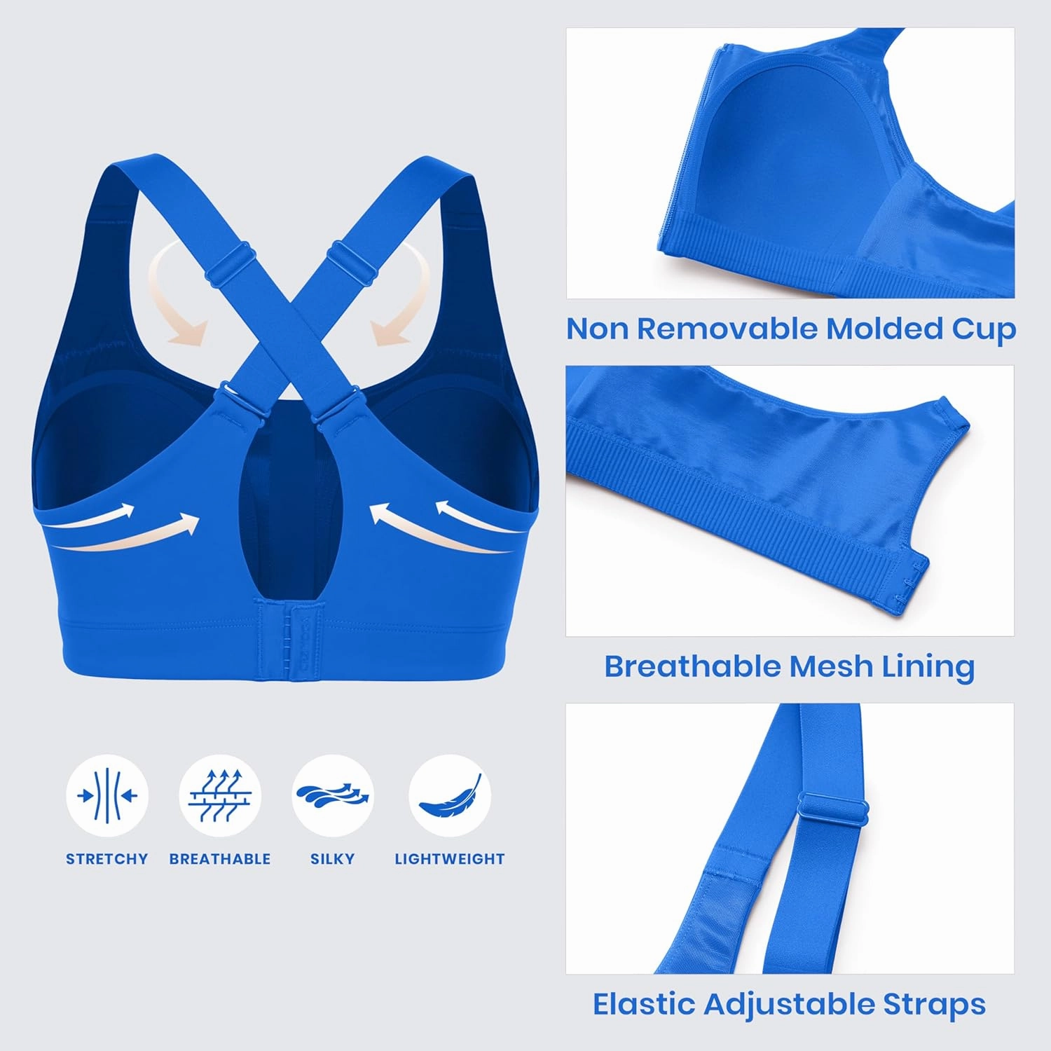 CRZ YOGA Womens Zip Front High Impact Sports Bra - Molded Cup Adjustable Convertible Straps Wireless Workout Yoga Crop Top