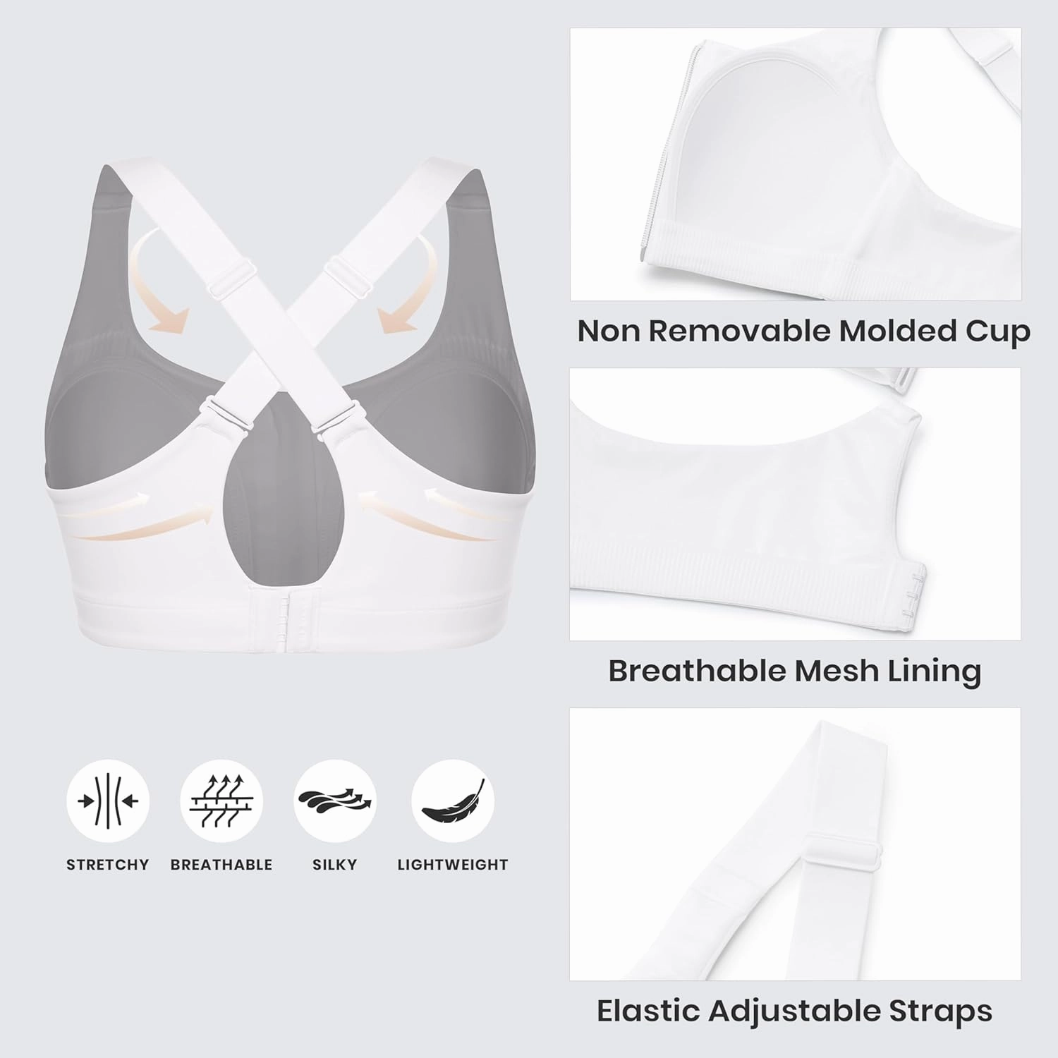 CRZ YOGA Womens Zip Front High Impact Sports Bra - Molded Cup Adjustable Convertible Straps Wireless Workout Yoga Crop Top