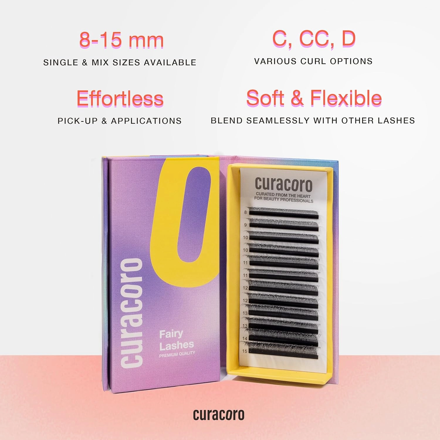 Curacoro Fairy Volume Lash Extensions 3D - 0.07mm Thickness | C CC D Curl | 8-15mm Length Mixed Tray | Premium Matte Black Individual Eyelashes Tray, Professional Supplies Use (CC, 13mm)