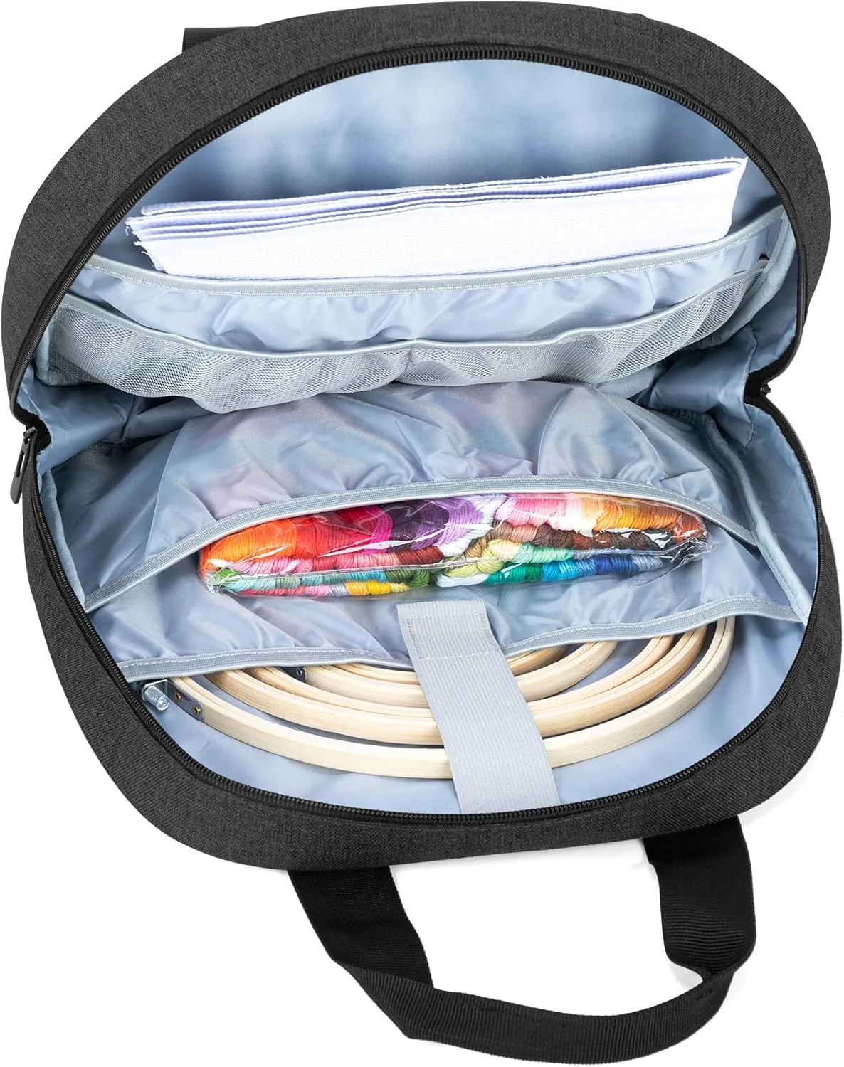 CURMIO Embroidery Bag, Portable Embroidery Project Storage for Embroidery Hoops, Floss, and Cross Stitch Supplies, BAG ONLY, Black (Patented Design)